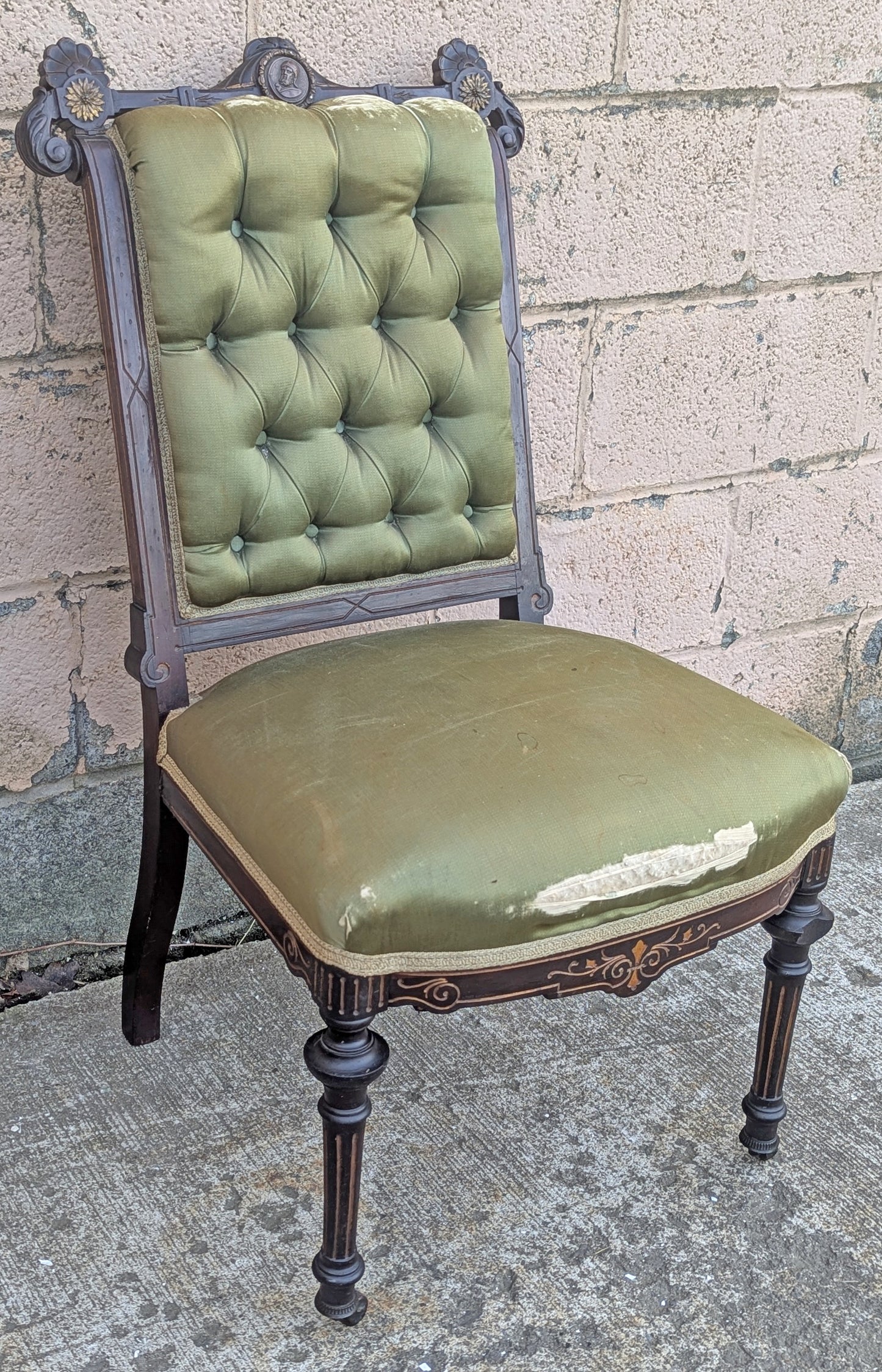 Antique Vintage Old Solid Hardwood Wooden Medallion Side Dining Lounge Accent Chair Upholstered Upholstery Tufted Green Fabric Seat Bergerie