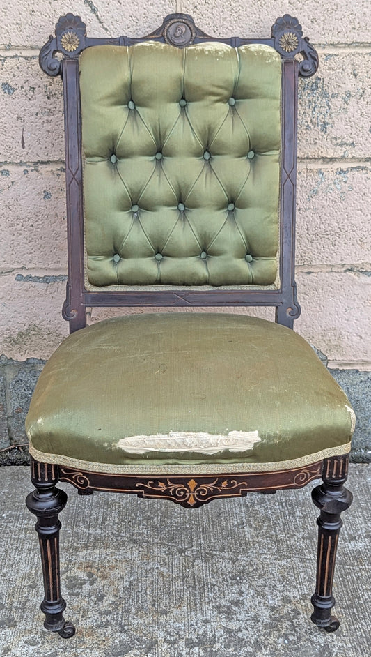 Antique Vintage Old Solid Hardwood Wooden Medallion Side Dining Lounge Accent Chair Upholstered Upholstery Tufted Green Fabric Seat Bergerie