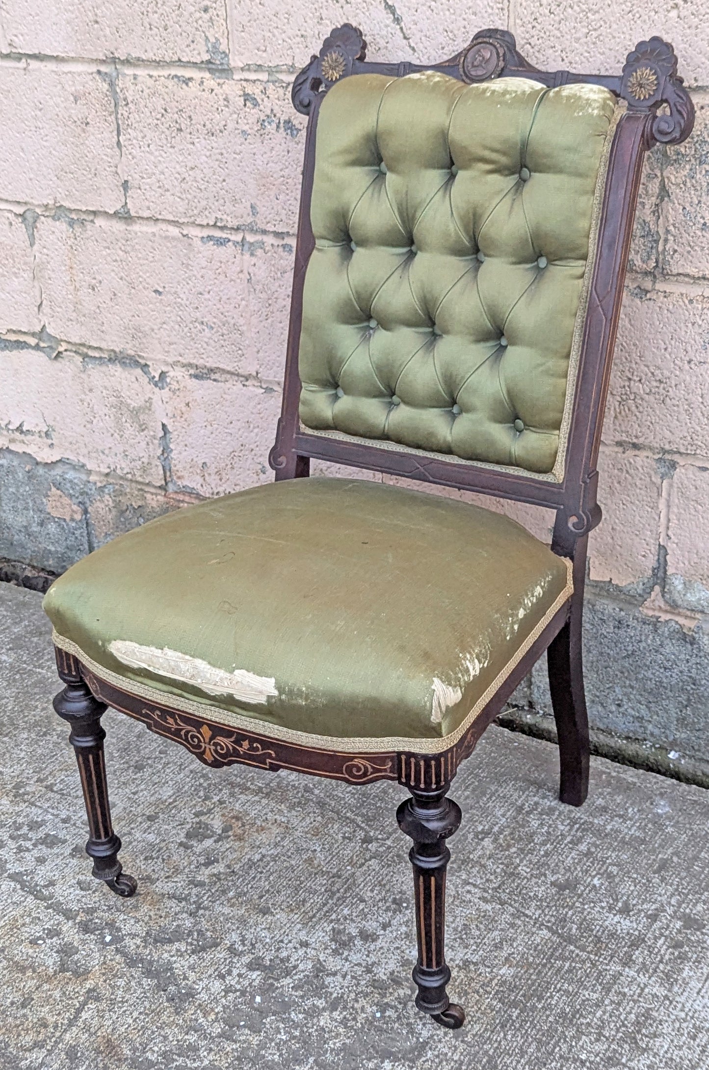 Antique Vintage Old Solid Hardwood Wooden Medallion Side Dining Lounge Accent Chair Upholstered Upholstery Tufted Green Fabric Seat Bergerie