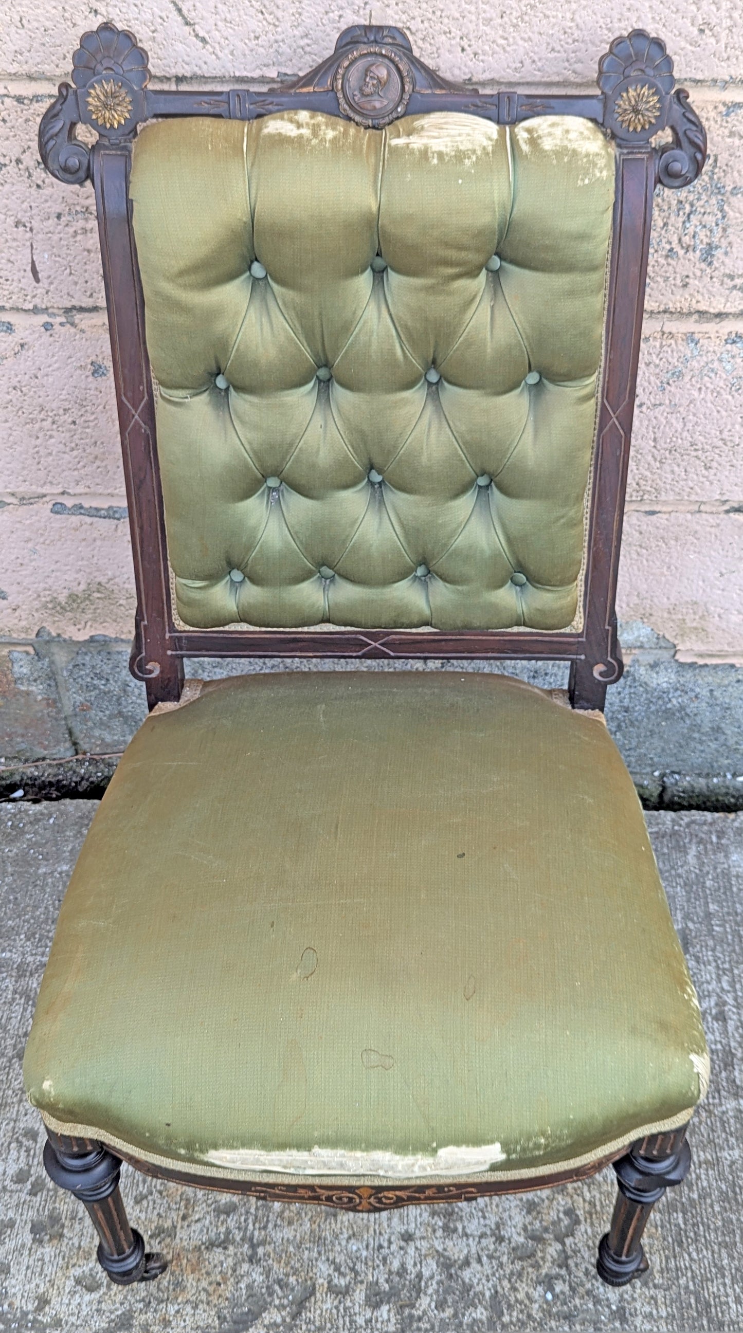 Antique Vintage Old Solid Hardwood Wooden Medallion Side Dining Lounge Accent Chair Upholstered Upholstery Tufted Green Fabric Seat Bergerie
