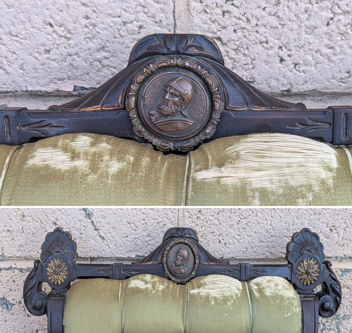 Antique Vintage Old Solid Hardwood Wooden Medallion Side Dining Lounge Accent Chair Upholstered Upholstery Tufted Green Fabric Seat Bergerie