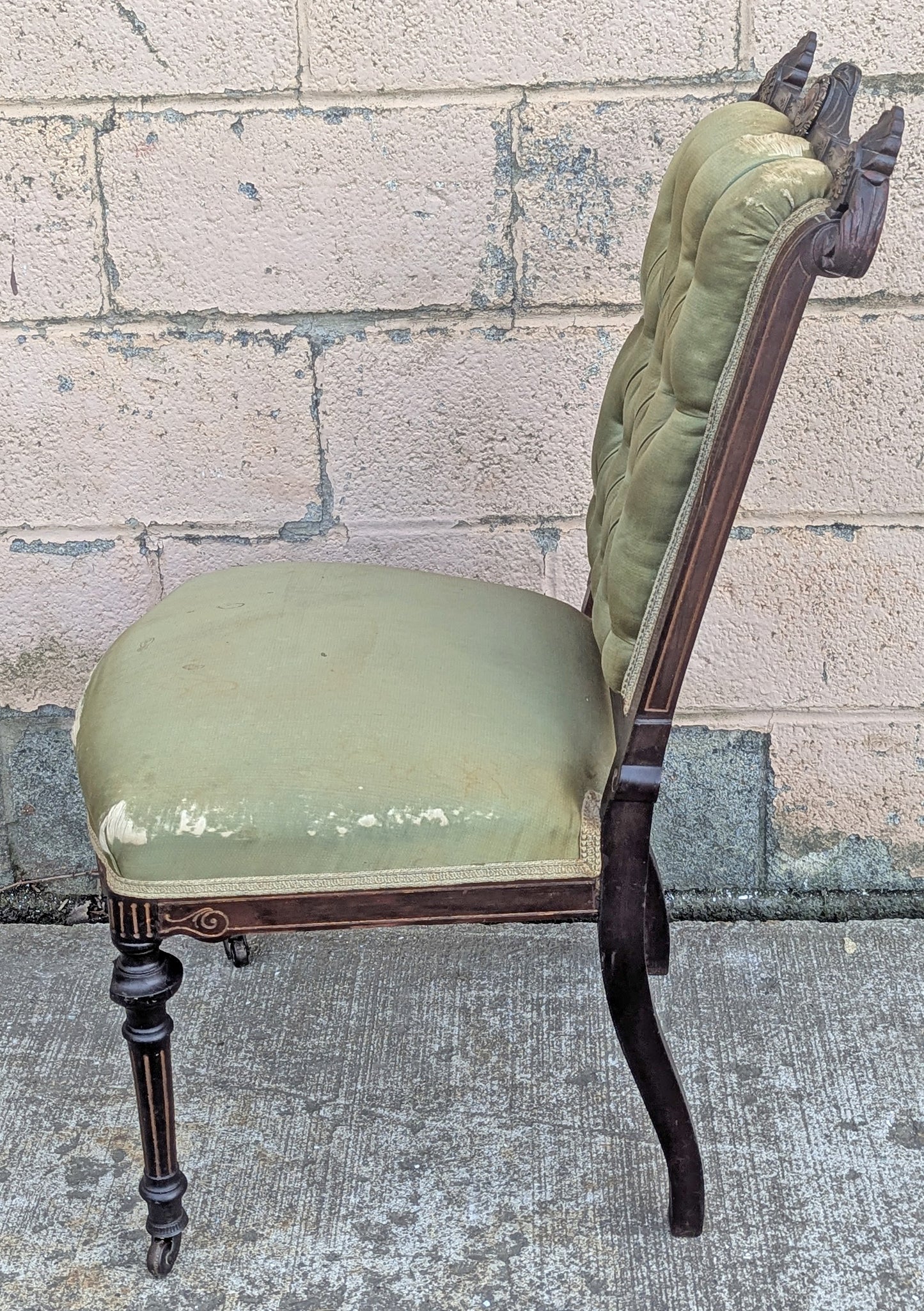Antique Vintage Old Solid Hardwood Wooden Medallion Side Dining Lounge Accent Chair Upholstered Upholstery Tufted Green Fabric Seat Bergerie