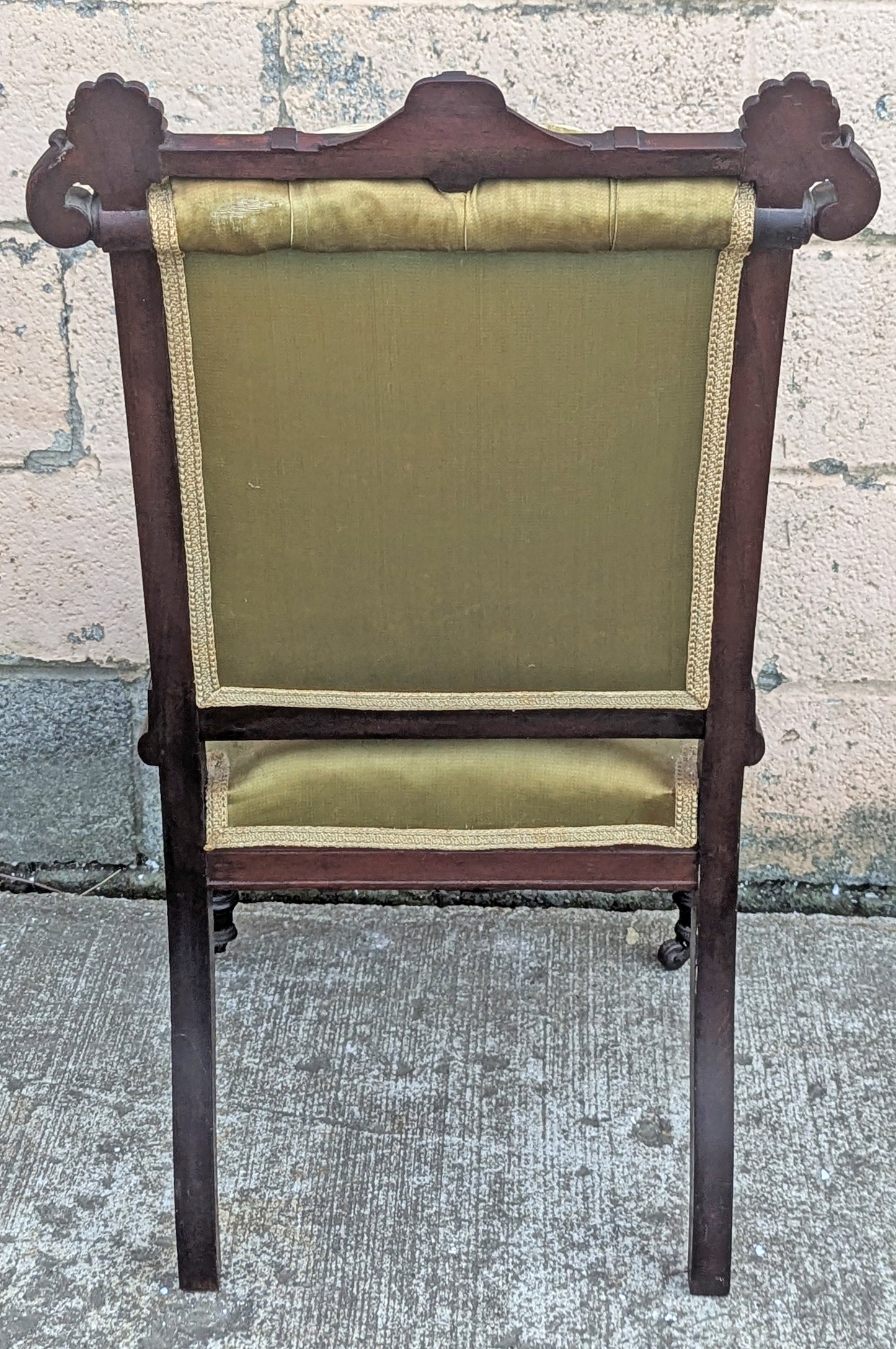 Antique Vintage Old Solid Hardwood Wooden Medallion Side Dining Lounge Accent Chair Upholstered Upholstery Tufted Green Fabric Seat Bergerie