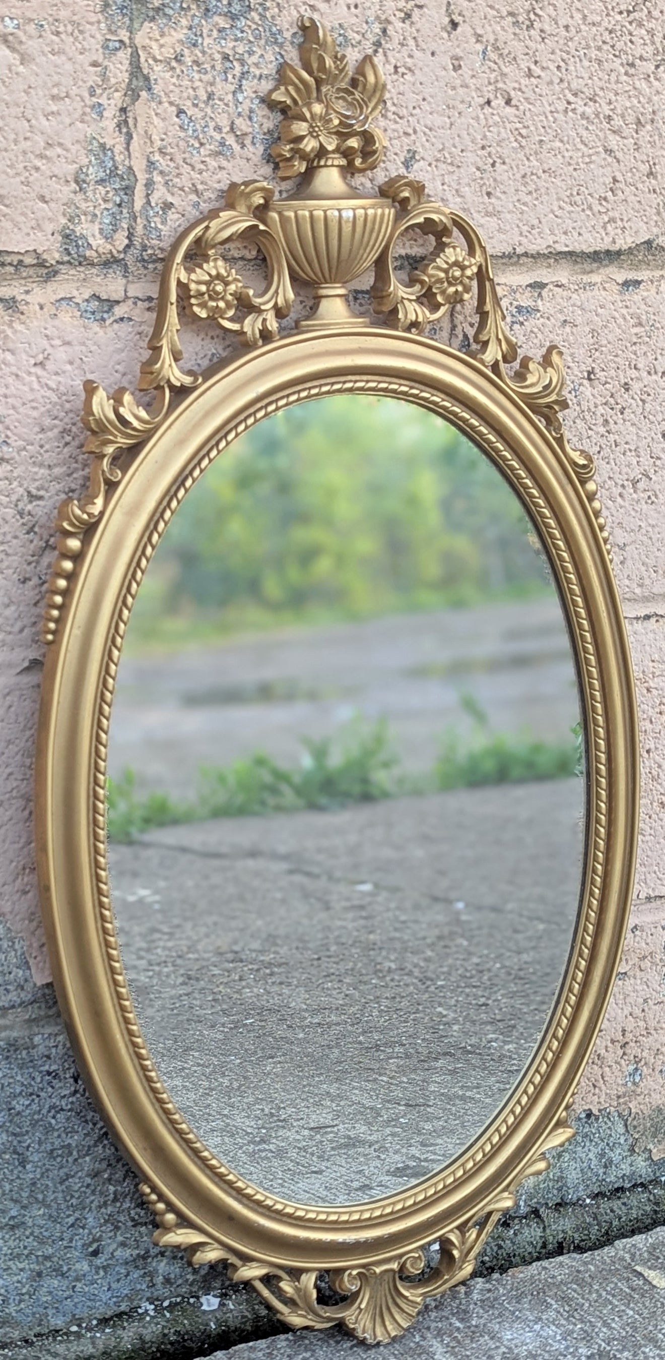 31"H Vintage Antique Old Syroco Regency Neo Classical Distressed Style Ornate Decorative Carved Decor Wall Oval Mirror Glass