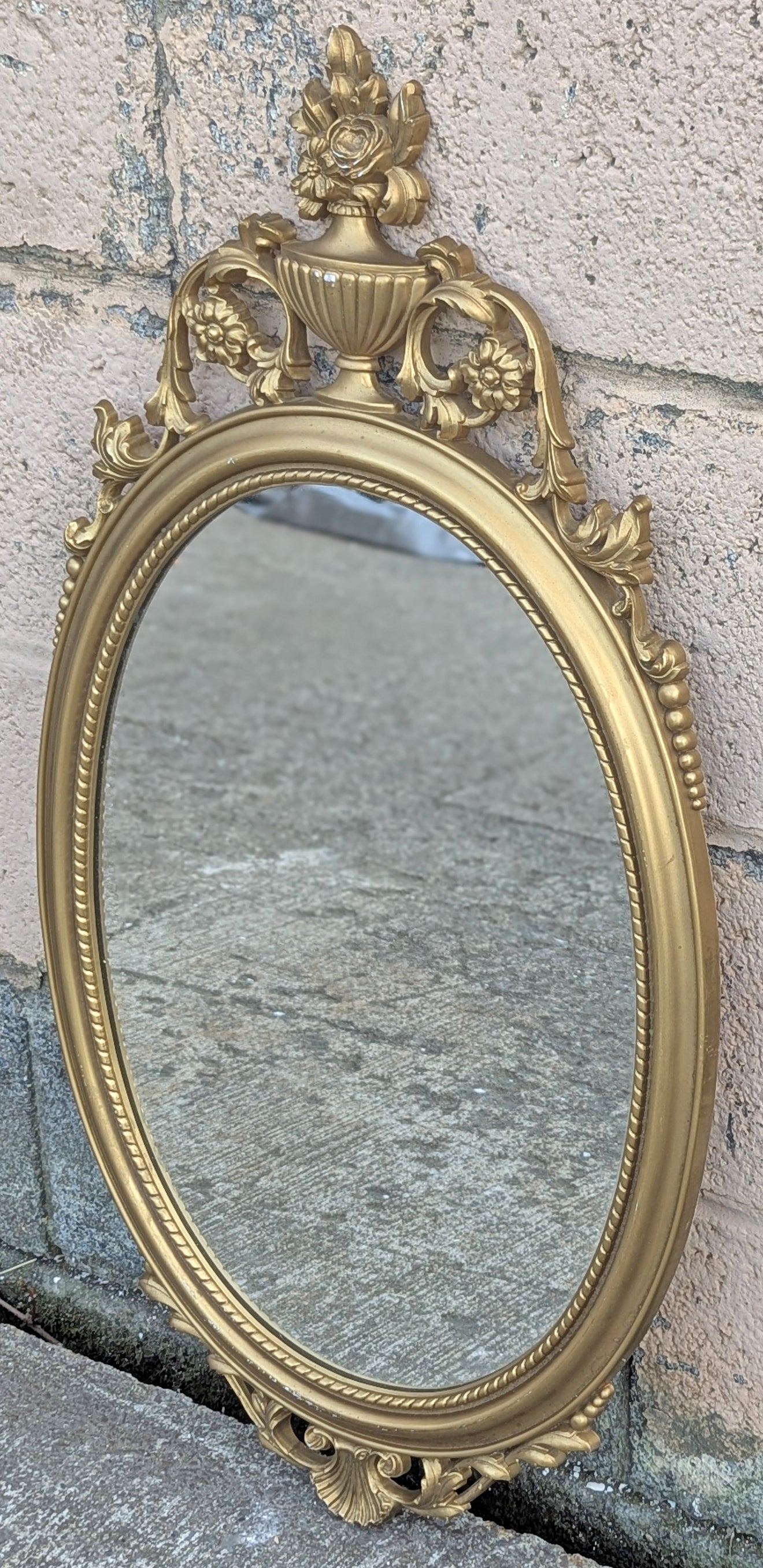 31"H Vintage Antique Old Syroco Regency Neo Classical Distressed Style Ornate Decorative Carved Decor Wall Oval Mirror Glass