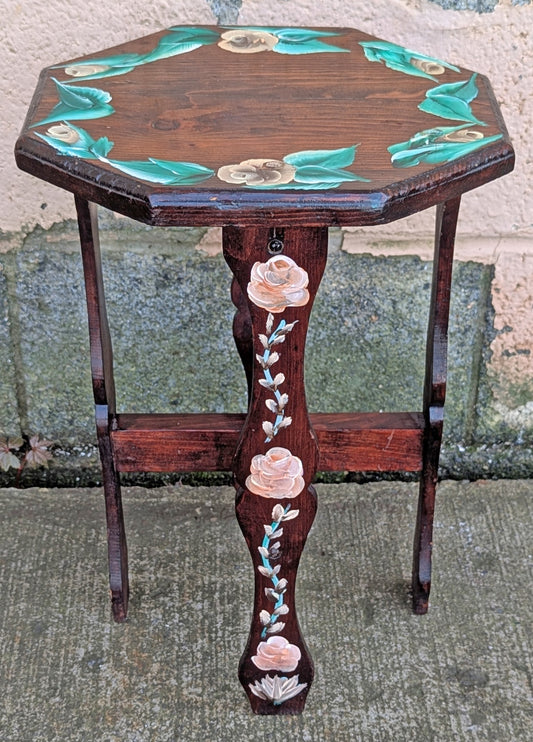 Antique Vintage Old Reclaimed Handmade Handcrafted Solid Wood Wooden Octagon Octagonal Floral Painted Lamp End Side Accent Table Plant Stand Stool Arts & Crafts Mission Style