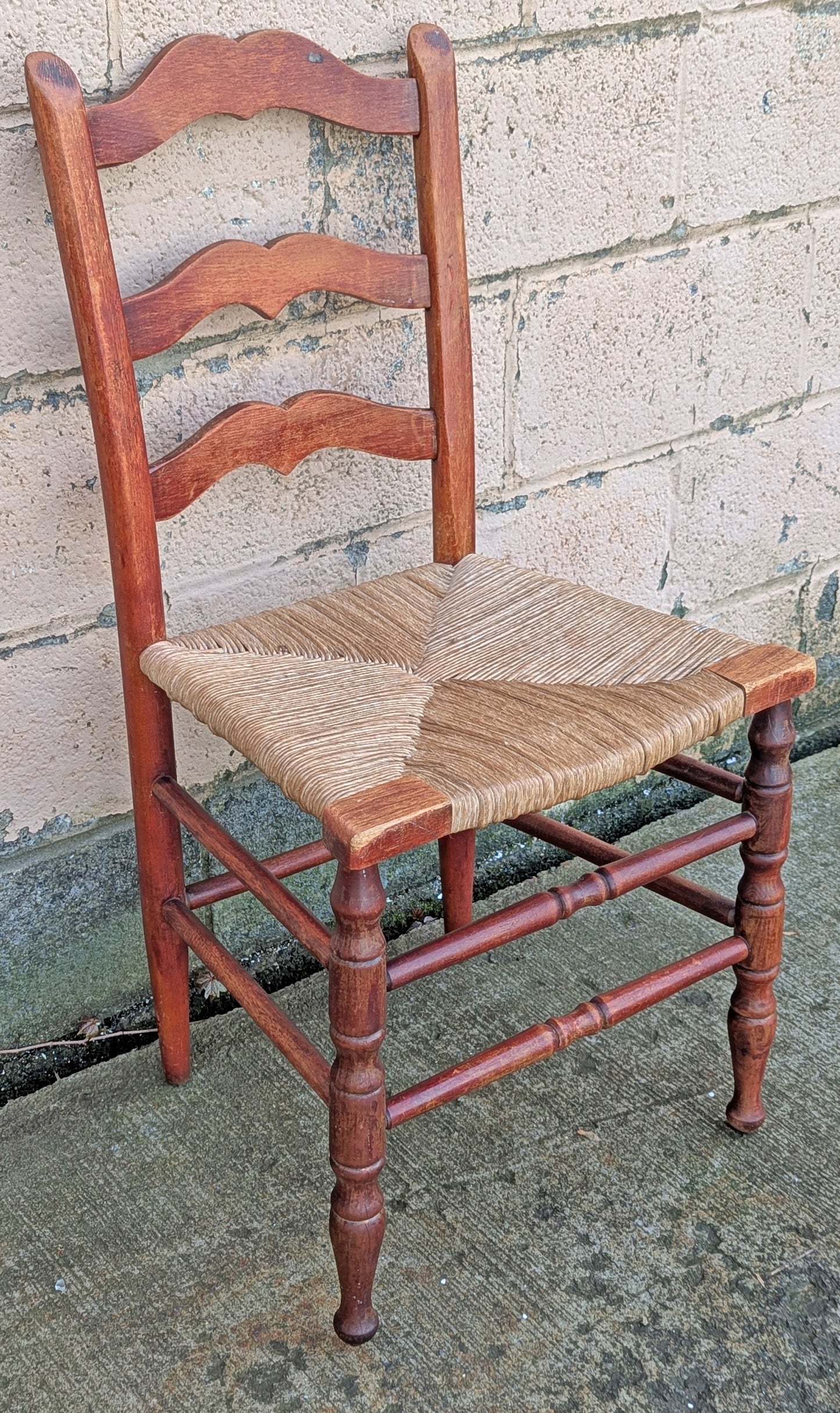 Vintage Antique Old Ladderback Shaker Style Reclaimed Salvaged SOLID Wood Wooden Dining Accent Desk Side Rush Rattan Seagrass Chair Seat