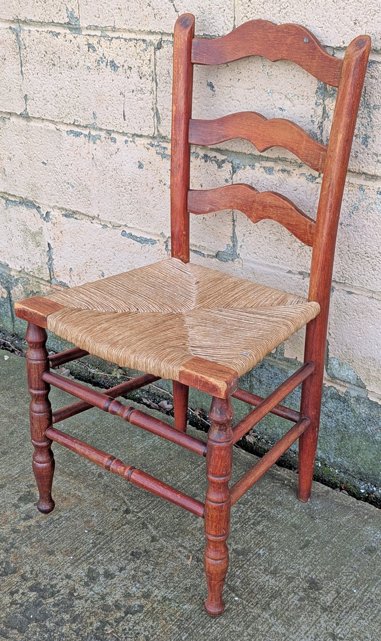 Vintage Antique Old Ladderback Shaker Style Reclaimed Salvaged SOLID Wood Wooden Dining Accent Desk Side Rush Rattan Seagrass Chair Seat