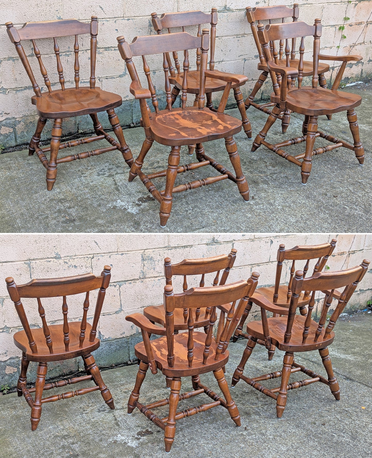 Vintage Antique "Hale Company" Old Reclaimed Salvaged SOLID Maple Hard Wood Formica Wooden Dining Room Set Spindleback Arm Armrest Saddle Chairs Table Leaf