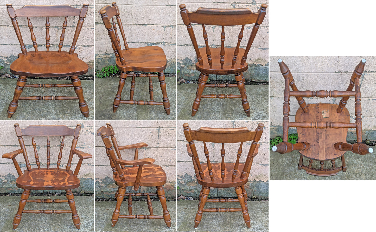 Vintage Antique "Hale Company" Old Reclaimed Salvaged SOLID Maple Hard Wood Formica Wooden Dining Room Set Spindleback Arm Armrest Saddle Chairs Table Leaf