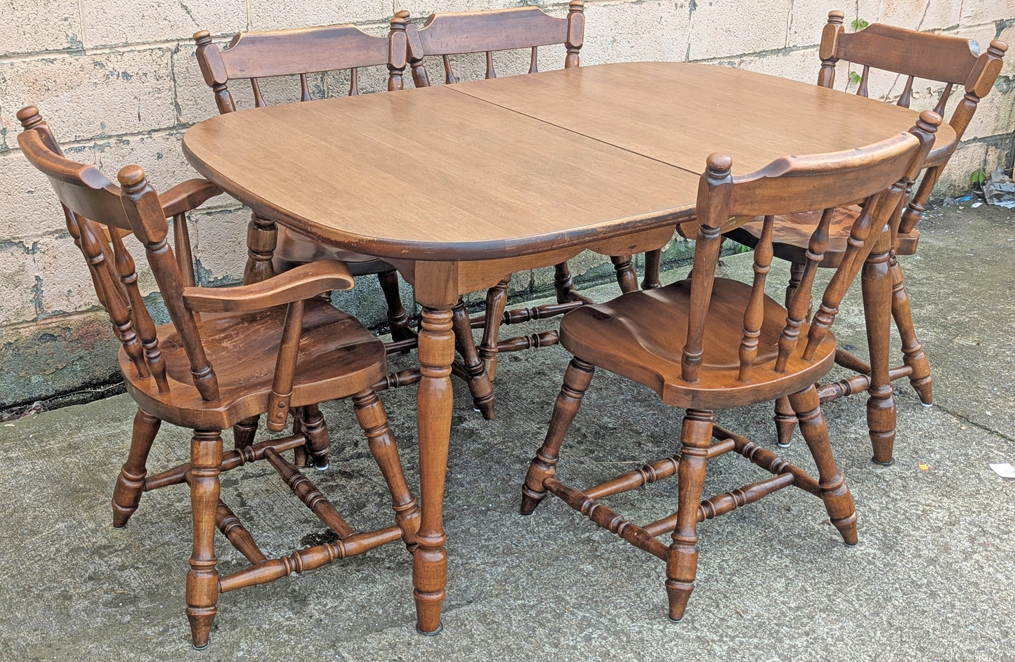 Vintage Antique "Hale Company" Old Reclaimed Salvaged SOLID Maple Hard Wood Formica Wooden Dining Room Set Spindleback Arm Armrest Saddle Chairs Table Leaf