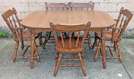Vintage Antique "Hale Company" Old Reclaimed Salvaged SOLID Maple Hard Wood Formica Wooden Dining Room Set Spindleback Arm Armrest Saddle Chairs Table Leaf