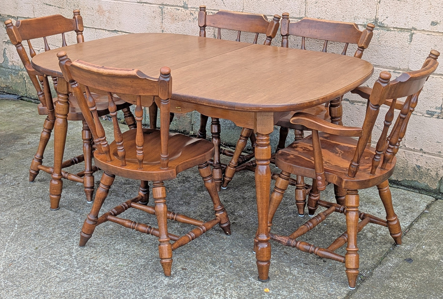 Vintage Antique "Hale Company" Old Reclaimed Salvaged SOLID Maple Hard Wood Formica Wooden Dining Room Set Spindleback Arm Armrest Saddle Chairs Table Leaf