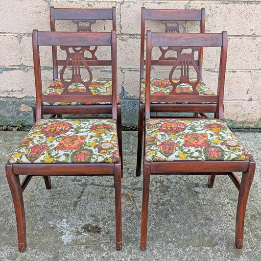 Set of 4 Antique Vintage Old Reclaimed Salvaged Lyre Back SOLID Mahogany Wood Wooden Dining Side Accent Chairs Nautical Fabric Seats
