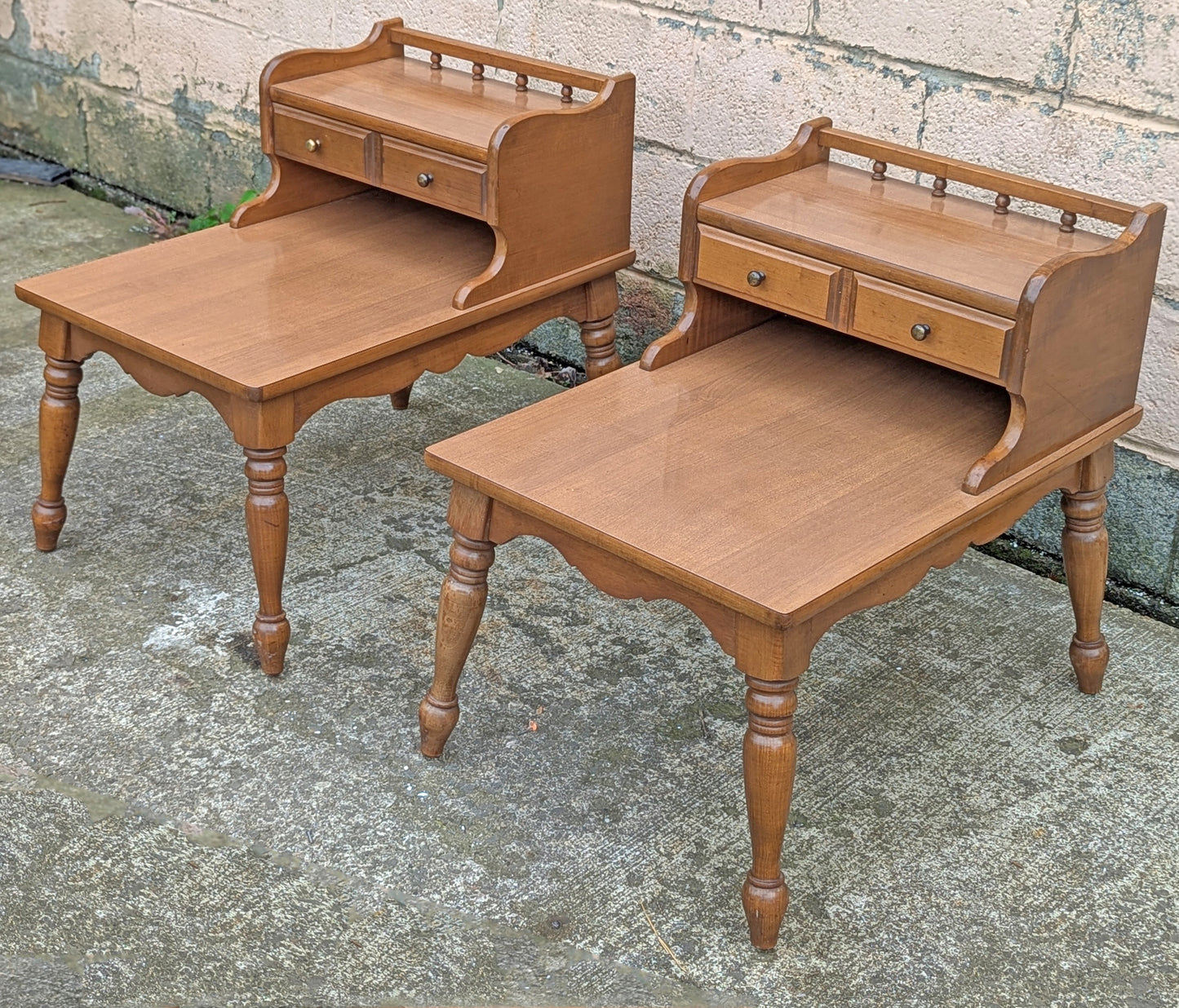 Pair of Vintage Antique Old Mid Century Mersman SOLID Wooden Wood & Formica Wooden 2 Tier End Side Accent Lamp Tables Night Stand Shelf