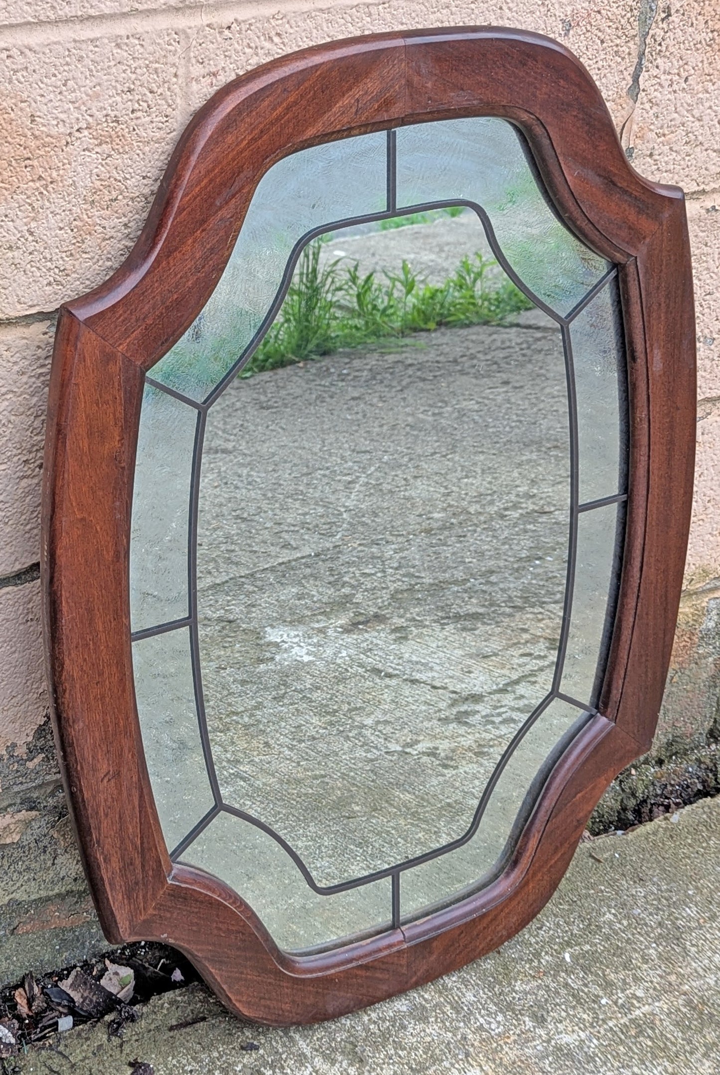Vintage Antique Old Reclaimed Salvaged Solid Wood Wooden Oval Curved Serpentine Wall Mounted Mount Mirror Textured Glass Ornate Decorative