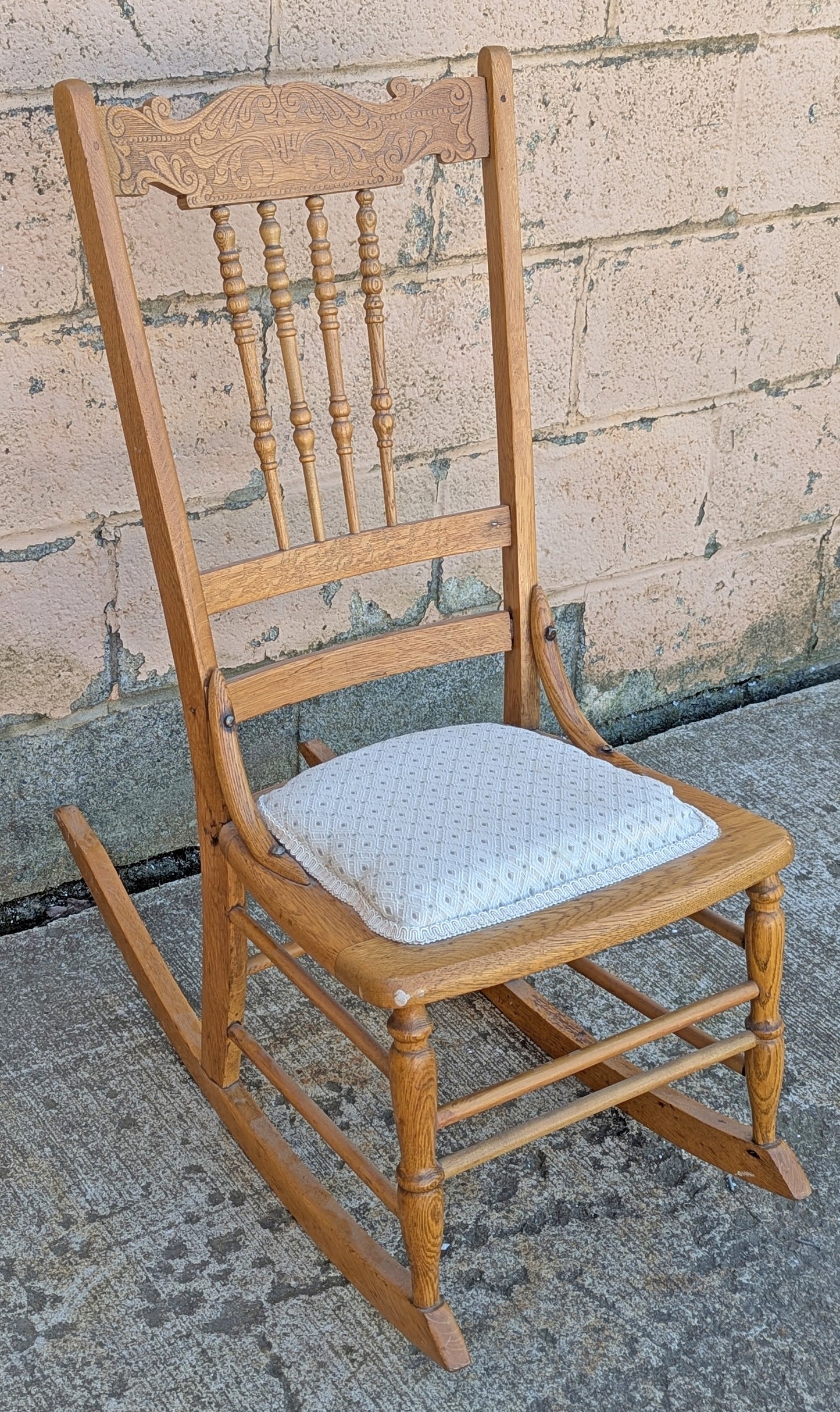 Antique Vintage Old Reclaimed Salvaged Pressback Spindleback SOLID Oak Wood Wooden Children's Kids Rocking Chair Fabric Seat