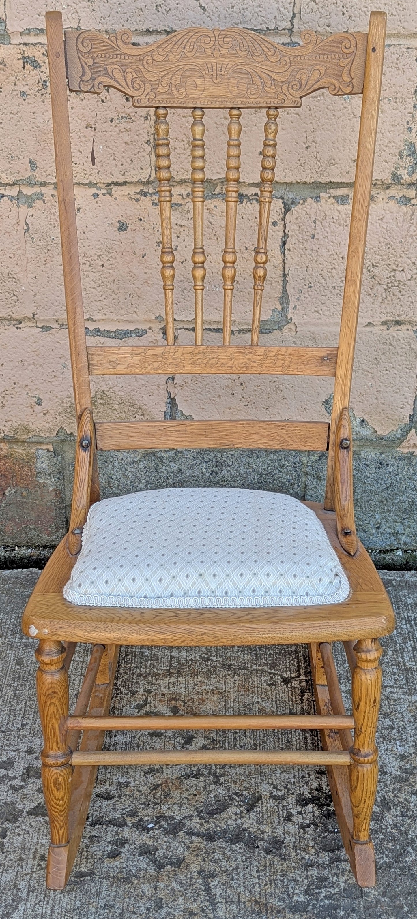 Antique Vintage Old Reclaimed Salvaged Pressback Spindleback SOLID Oak Wood Wooden Children's Kids Rocking Chair Fabric Seat
