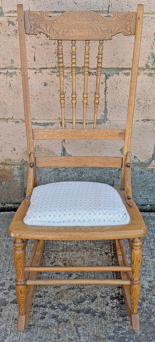 Antique Vintage Old Reclaimed Salvaged Pressback Spindleback SOLID Oak Wood Wooden Children's Kids Rocking Chair Fabric Seat
