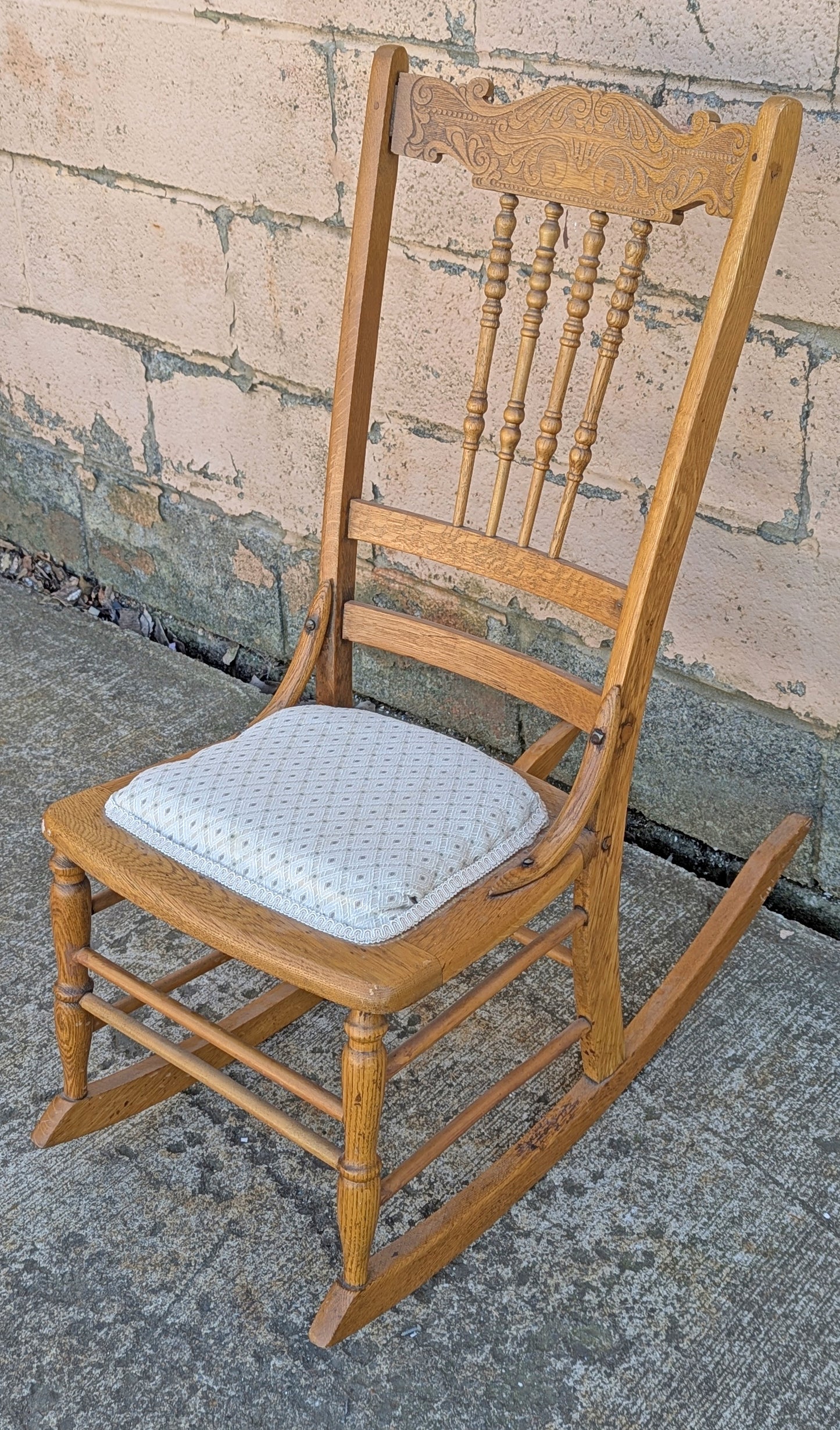 Antique Vintage Old Reclaimed Salvaged Pressback Spindleback SOLID Oak Wood Wooden Children's Kids Rocking Chair Fabric Seat