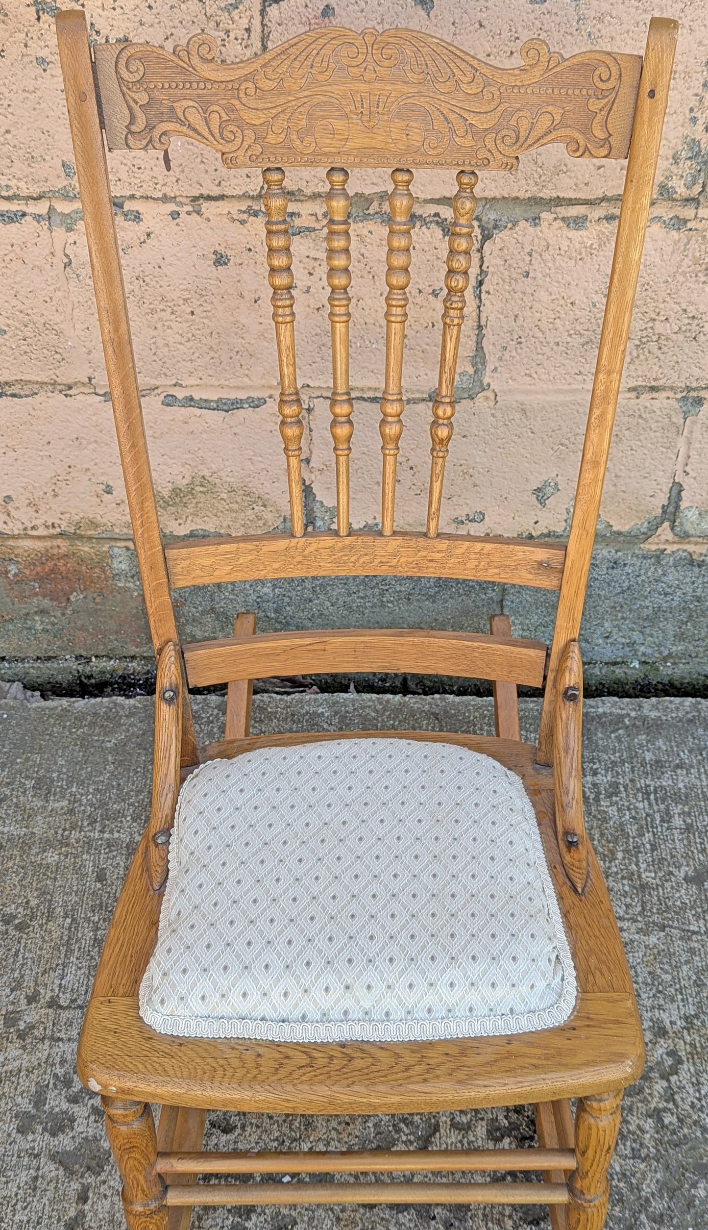 Antique Vintage Old Reclaimed Salvaged Pressback Spindleback SOLID Oak Wood Wooden Children's Kids Rocking Chair Fabric Seat