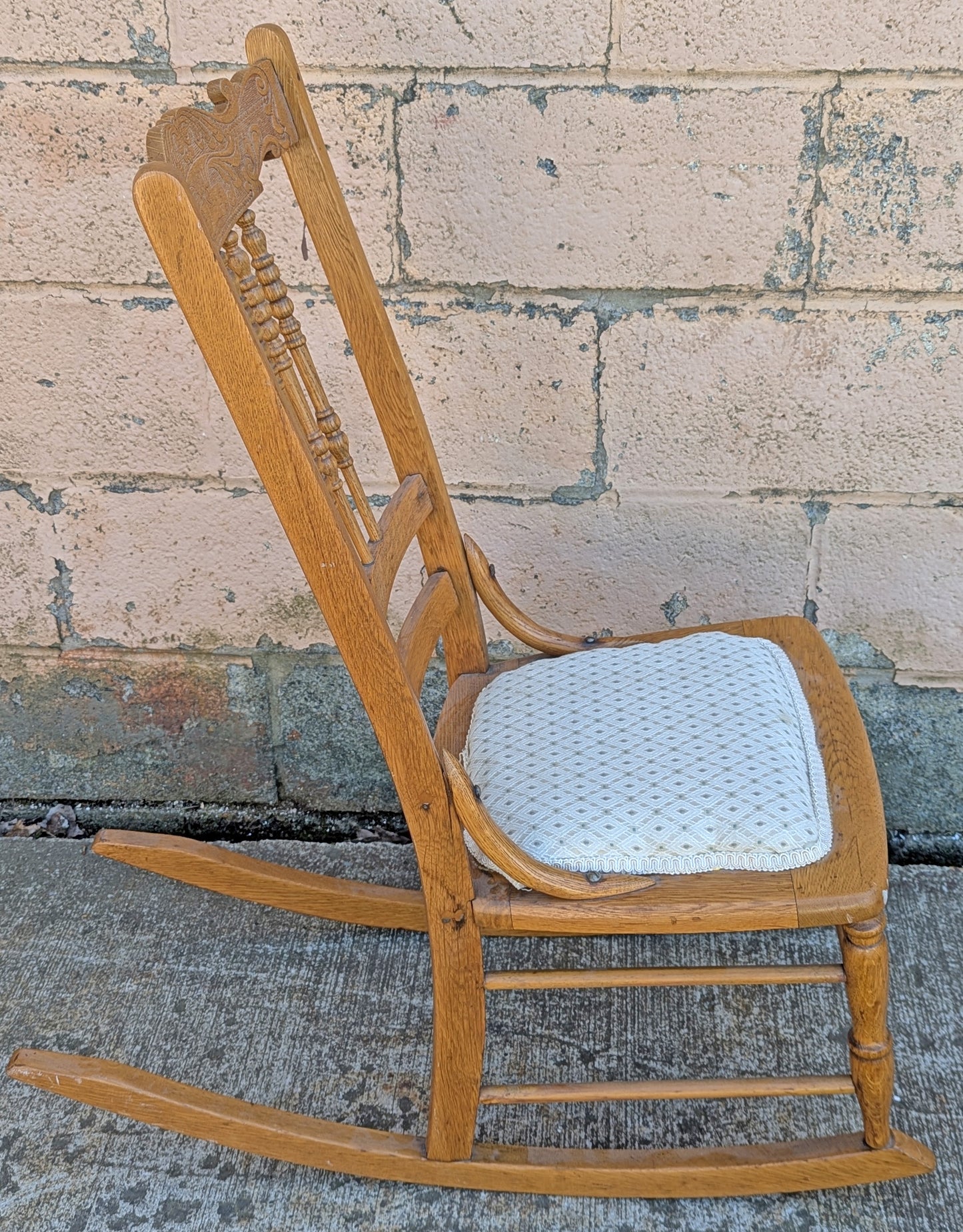 Antique Vintage Old Reclaimed Salvaged Pressback Spindleback SOLID Oak Wood Wooden Children's Kids Rocking Chair Fabric Seat