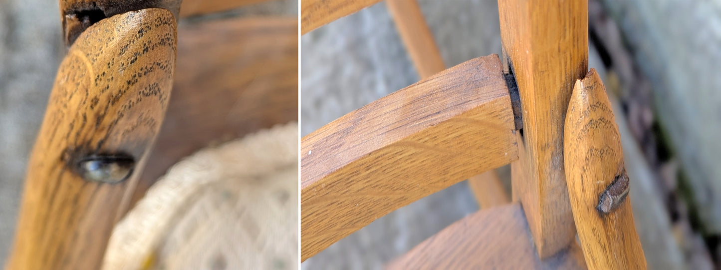 Antique Vintage Old Reclaimed Salvaged Pressback Spindleback SOLID Oak Wood Wooden Children's Kids Rocking Chair Fabric Seat