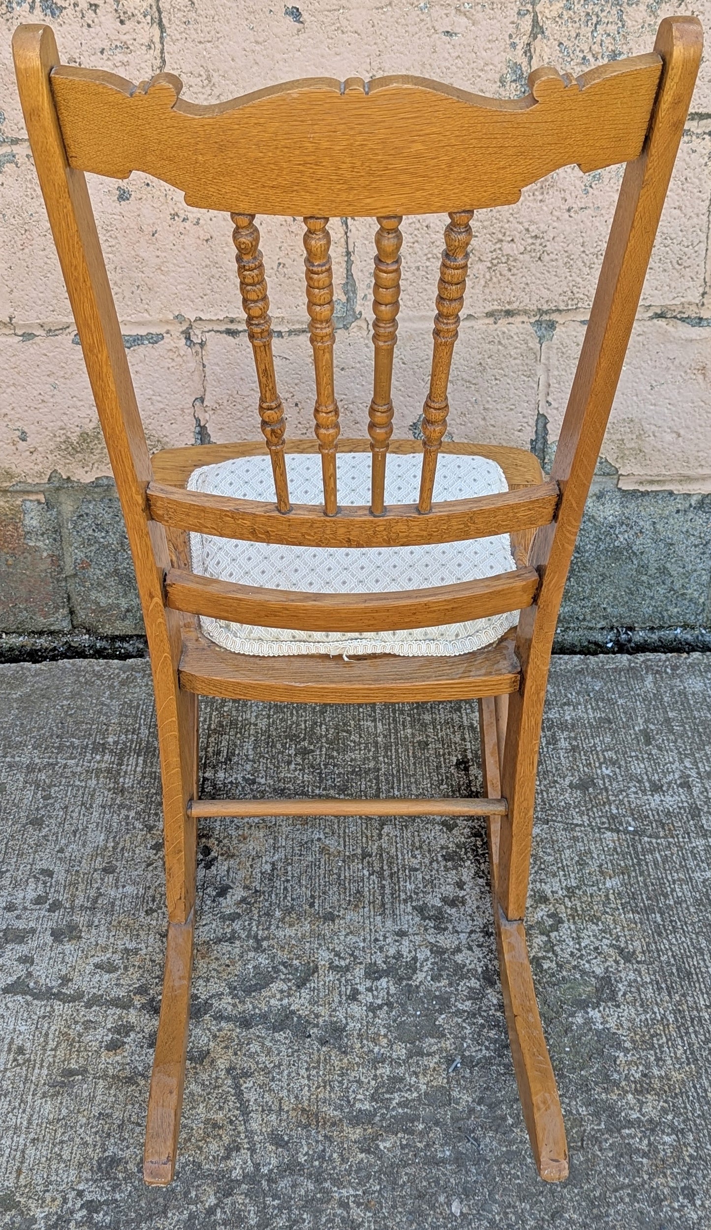 Antique Vintage Old Reclaimed Salvaged Pressback Spindleback SOLID Oak Wood Wooden Children's Kids Rocking Chair Fabric Seat