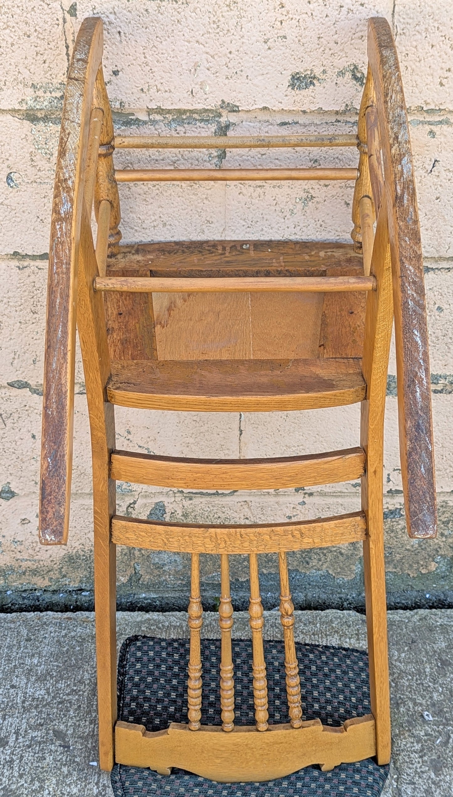 Antique Vintage Old Reclaimed Salvaged Pressback Spindleback SOLID Oak Wood Wooden Children's Kids Rocking Chair Fabric Seat