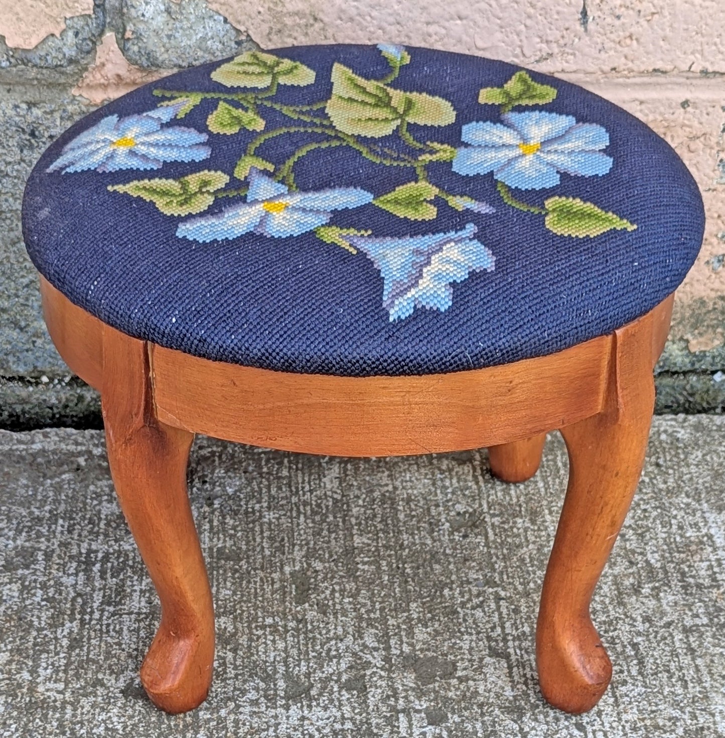 Vintage Antique Old Reclaimed Salvaged SOLID Wood Wooden Kneeling Bench Foot Stool Ottoman Stand Seat Blue Floral Morning Glory Fabric
