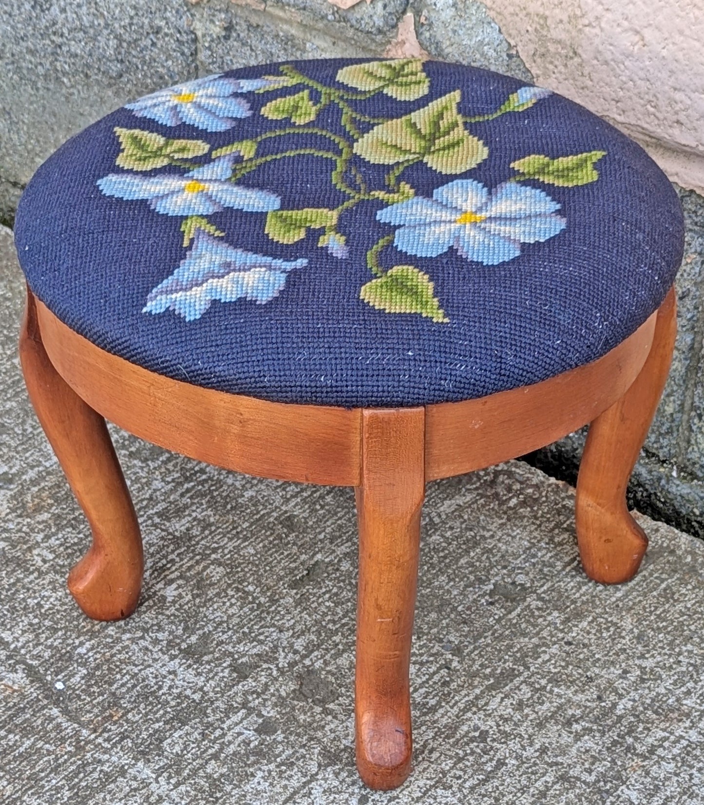 Vintage Antique Old Reclaimed Salvaged SOLID Wood Wooden Kneeling Bench Foot Stool Ottoman Stand Seat Blue Floral Morning Glory Fabric