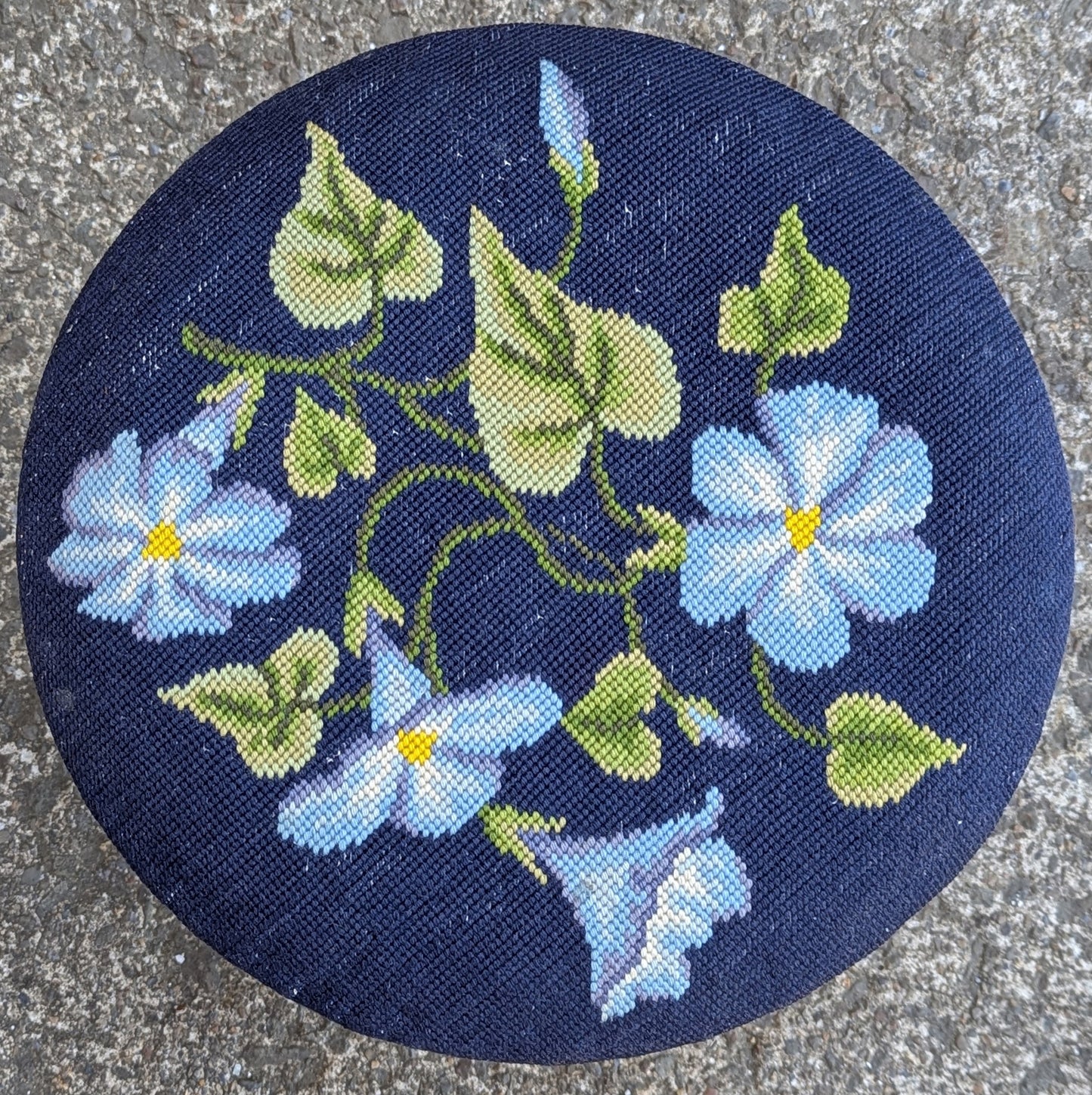 Vintage Antique Old Reclaimed Salvaged SOLID Wood Wooden Kneeling Bench Foot Stool Ottoman Stand Seat Blue Floral Morning Glory Fabric