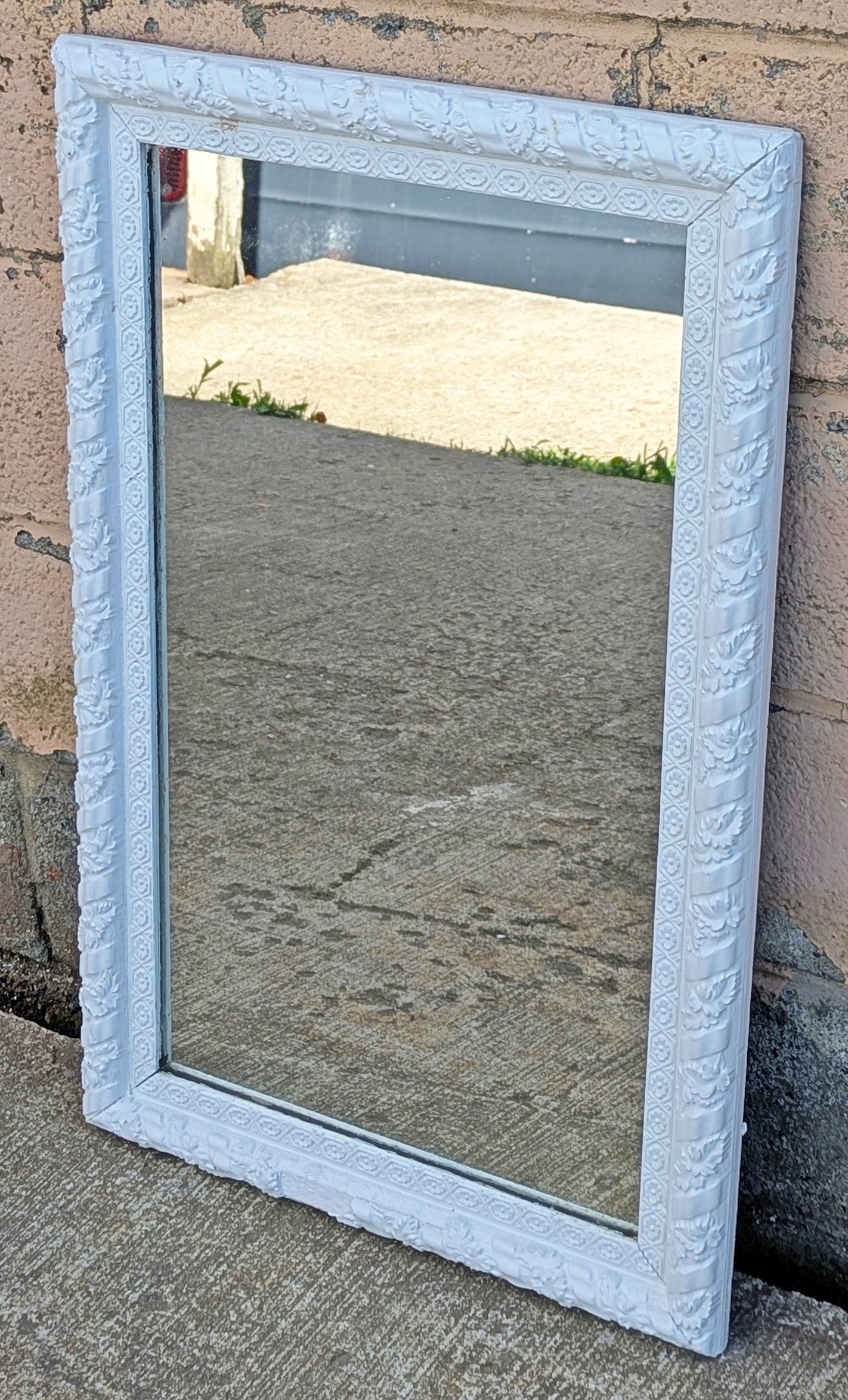Antique Vintage Old Reclaimed Salvaged Victorian Wood Wooden Hanging Wall Rectangle Distressed Carved Mirror Glass Ornate Decorative