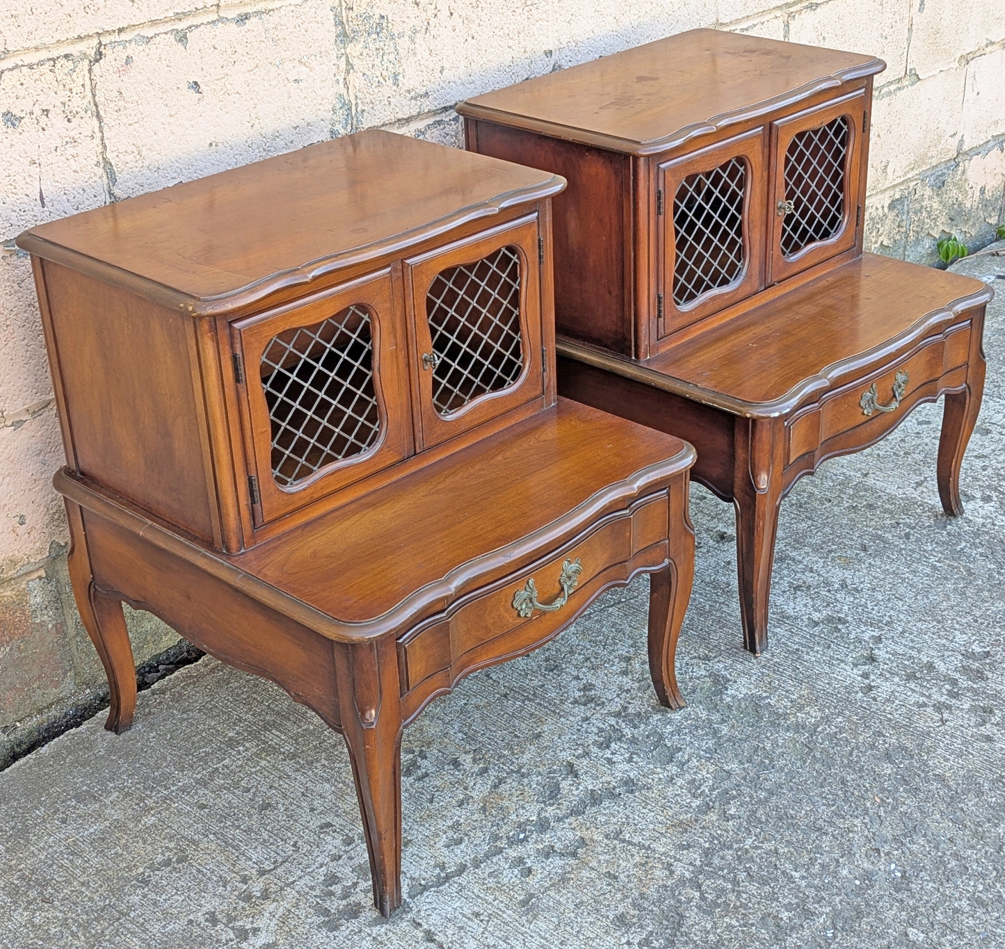 Pair of Vintage Antique Old French Revival Provincial SOLID Wooden Wood & Formica Wooden 2 Tier End Side Accent Lamp Tables Nightstand Shelf
