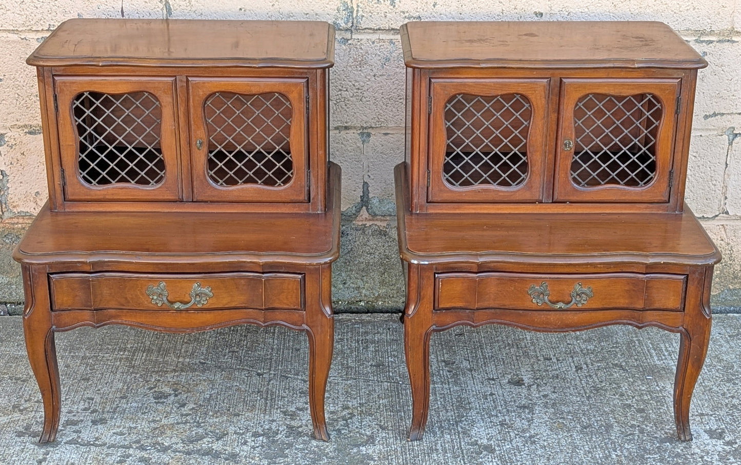 Pair of Vintage Antique Old French Revival Provincial SOLID Wooden Wood & Formica Wooden 2 Tier End Side Accent Lamp Tables Nightstand Shelf