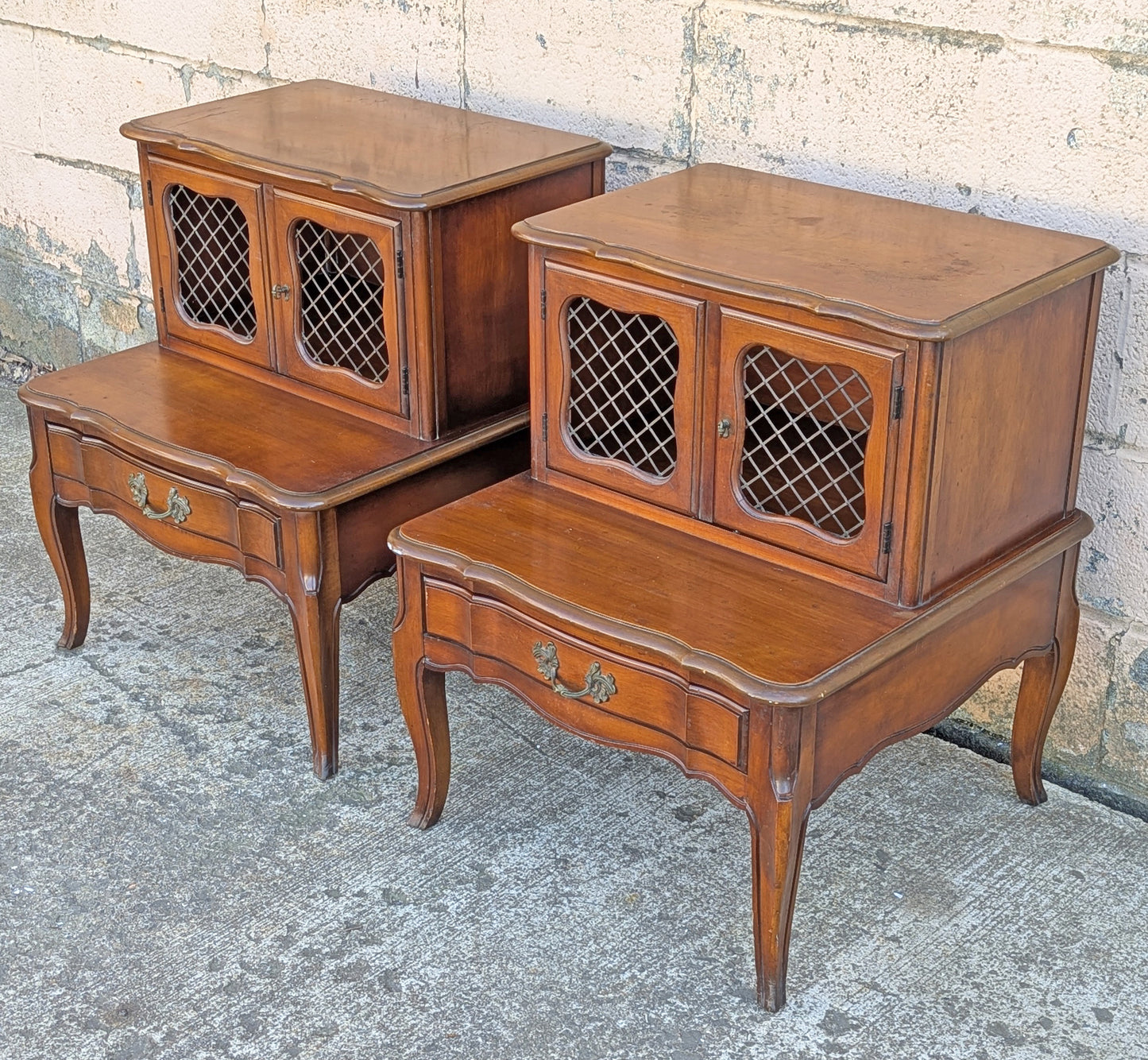 Pair of Vintage Antique Old French Revival Provincial SOLID Wooden Wood & Formica Wooden 2 Tier End Side Accent Lamp Tables Nightstand Shelf