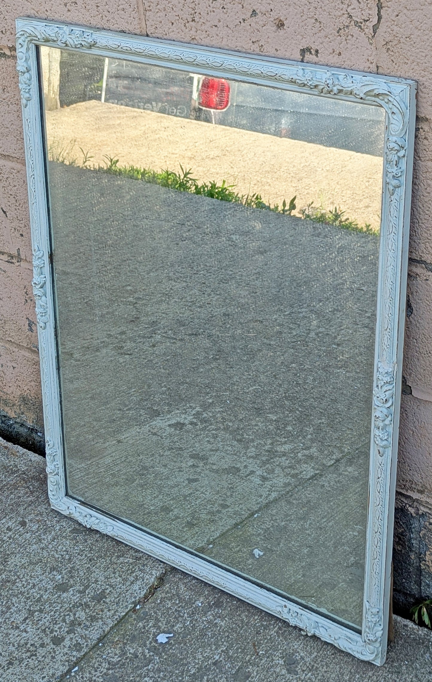 Antique Vintage Old Reclaimed Salvaged Victorian Wood Wooden Hanging Wall Rectangle Distressed Carved Mirror Glass Ornate Decorative