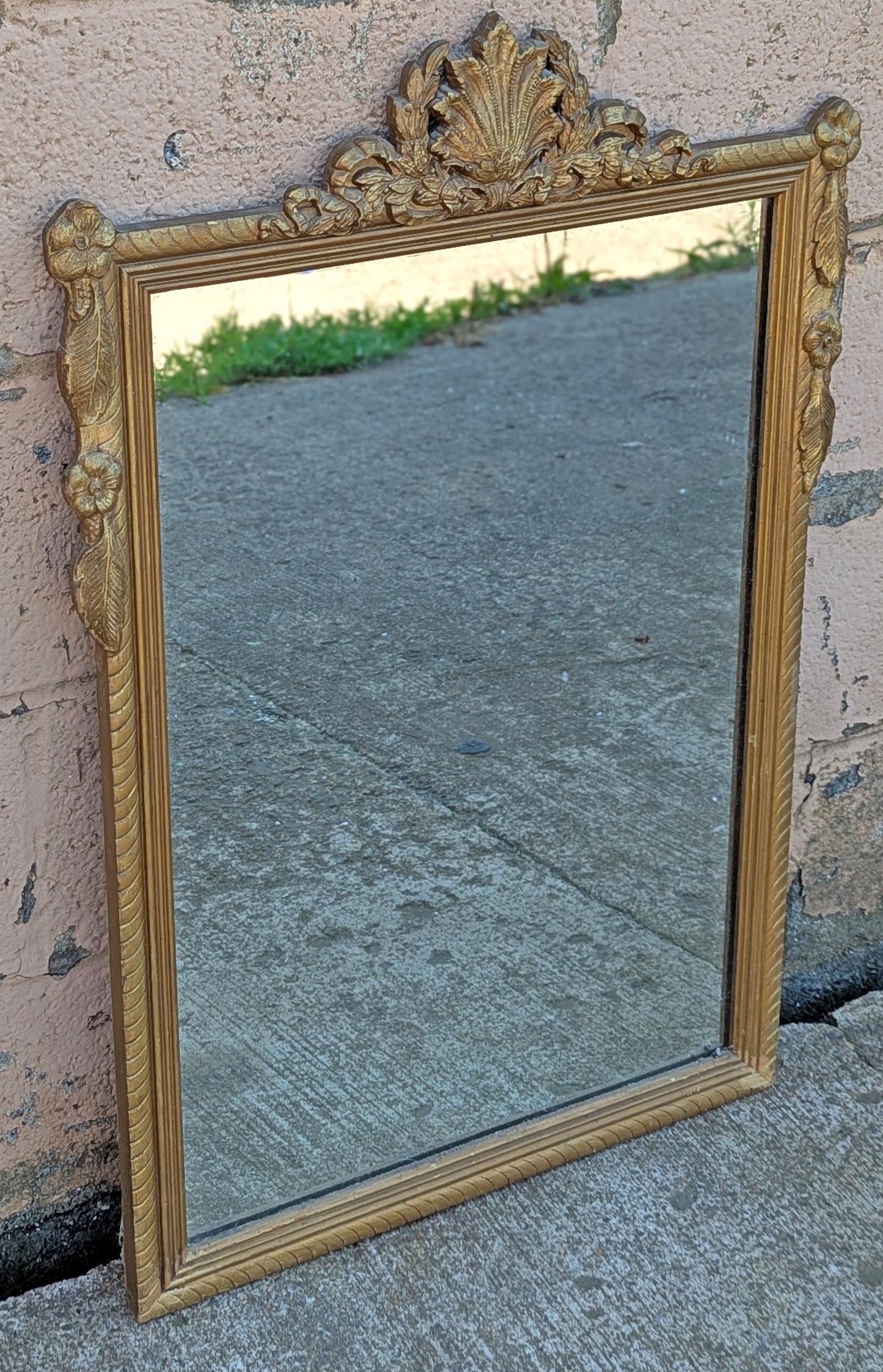Antique Vintage Old Reclaimed Salvaged Victorian Hollywood Regency Wood Wooden Wall Distressed Carved Mirror Glass Ornate Decorative