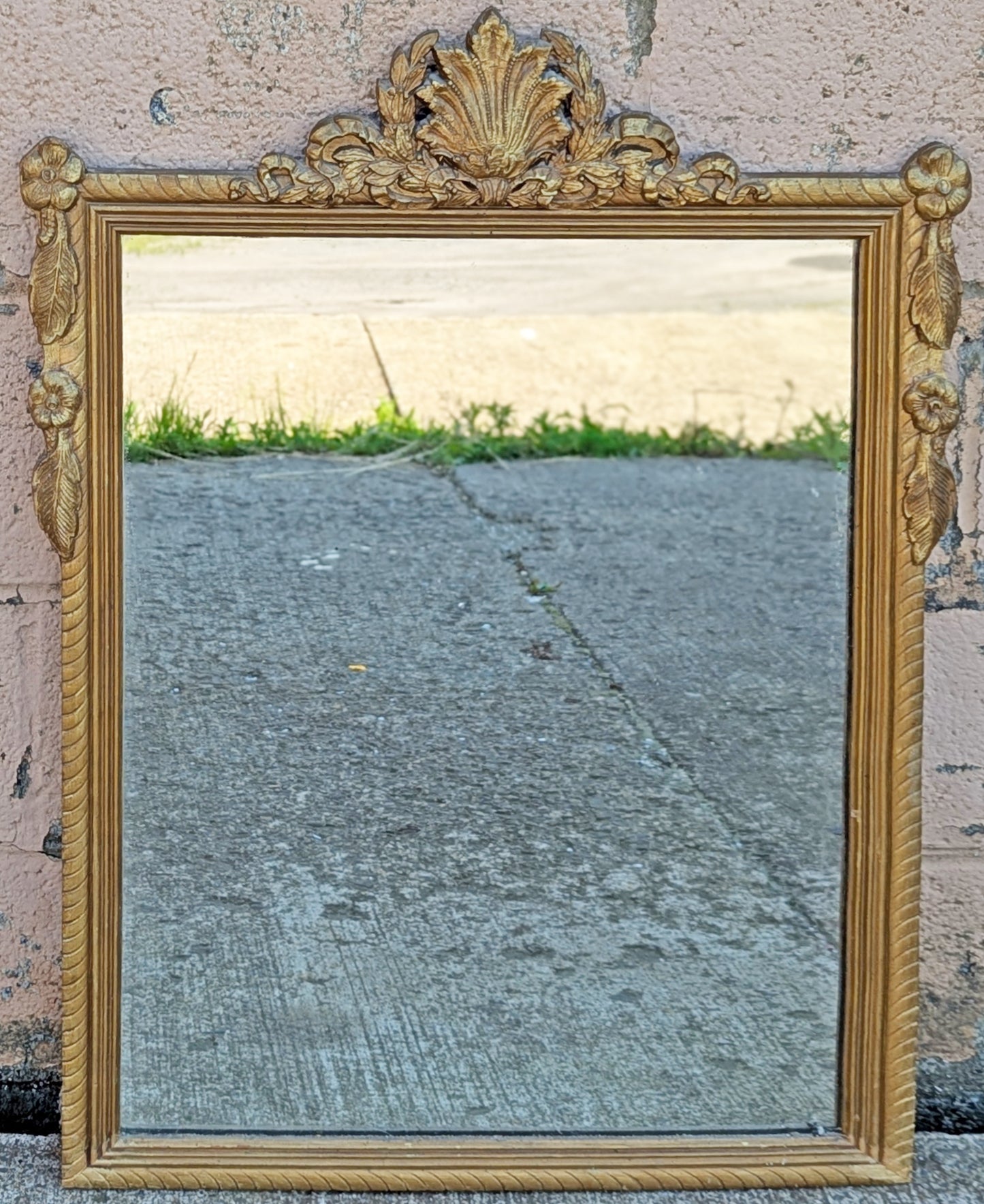 Antique Vintage Old Reclaimed Salvaged Victorian Hollywood Regency Wood Wooden Wall Distressed Carved Mirror Glass Ornate Decorative