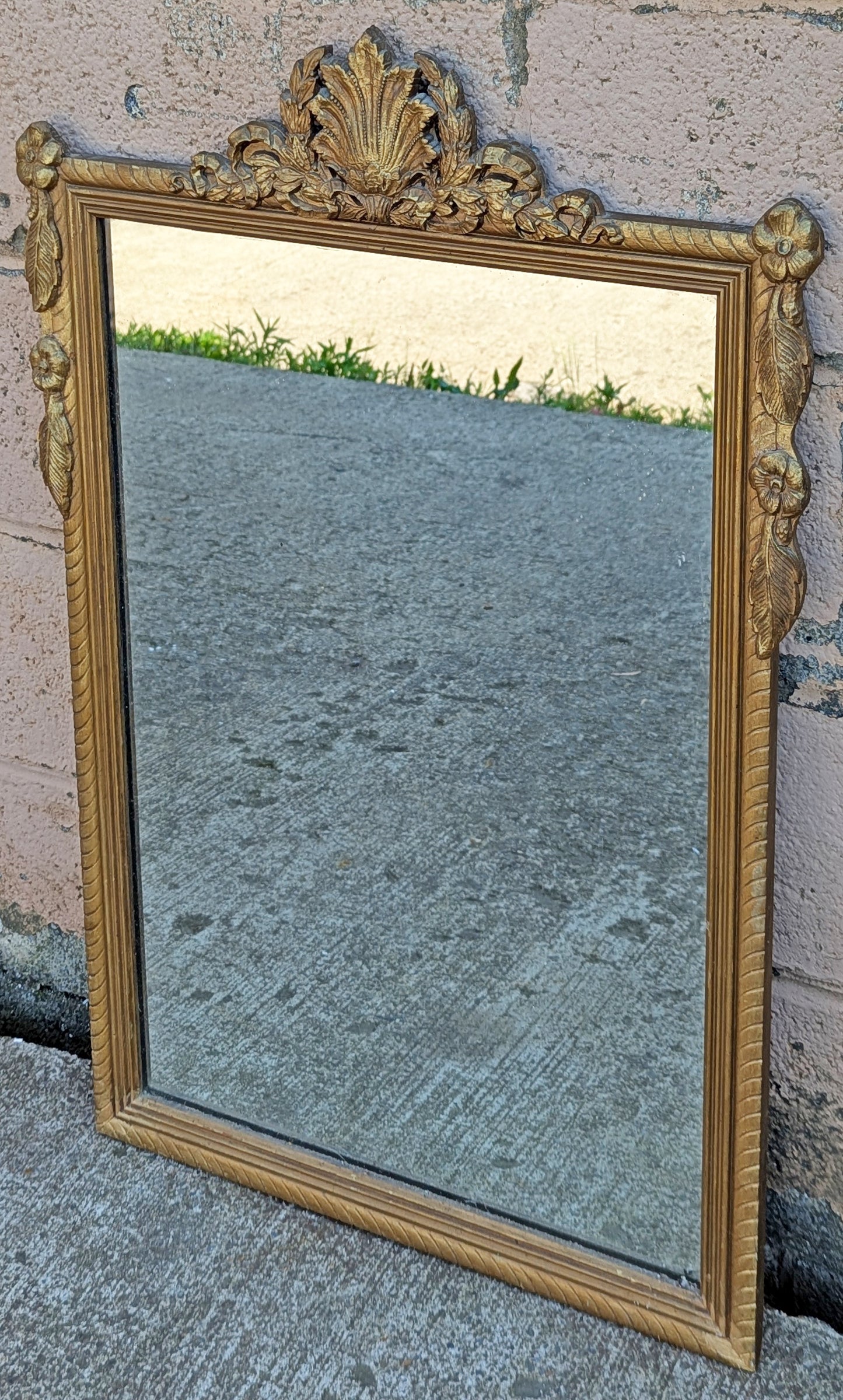 Antique Vintage Old Reclaimed Salvaged Victorian Hollywood Regency Wood Wooden Wall Distressed Carved Mirror Glass Ornate Decorative