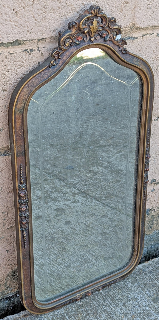 14"x28" Antique Vintage Old Reclaimed Salvaged Victorian Hollywood Regency Wooden Wall Distressed Mirror Glass Etched Ornate Decorative