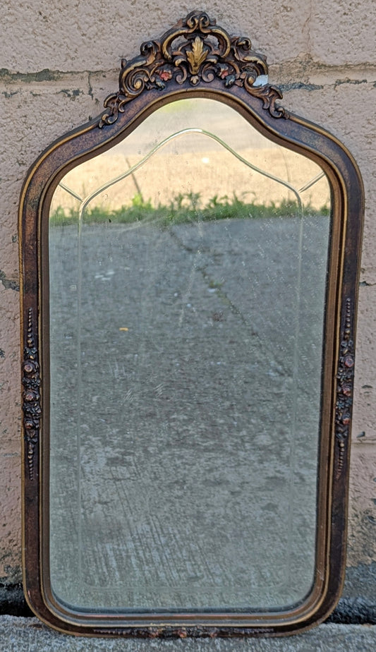 14"x28" Antique Vintage Old Reclaimed Salvaged Victorian Hollywood Regency Wooden Wall Distressed Mirror Glass Etched Ornate Decorative