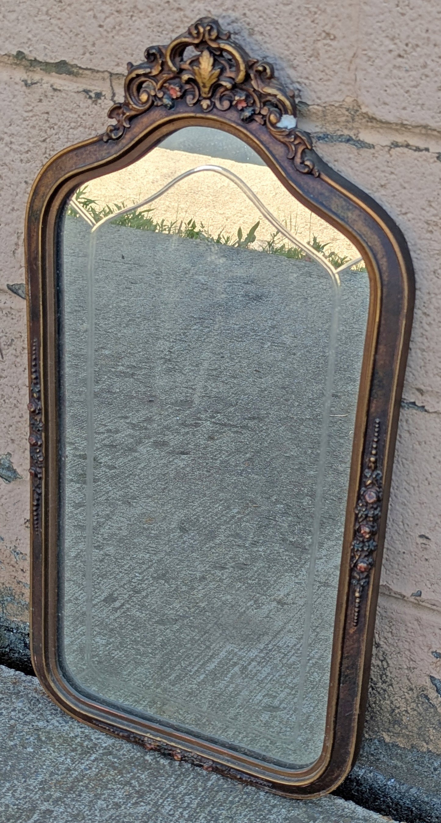 14"x28" Antique Vintage Old Reclaimed Salvaged Victorian Hollywood Regency Wooden Wall Distressed Mirror Glass Etched Ornate Decorative