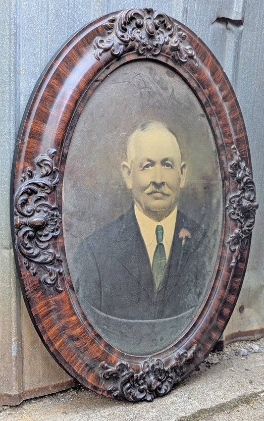 Antique Vintage Old Reclaimed Salvaged Victorian Wood Wooden Plaster Wall Distressed Portrait Picture Frame Curved Glass Ornate Decorative