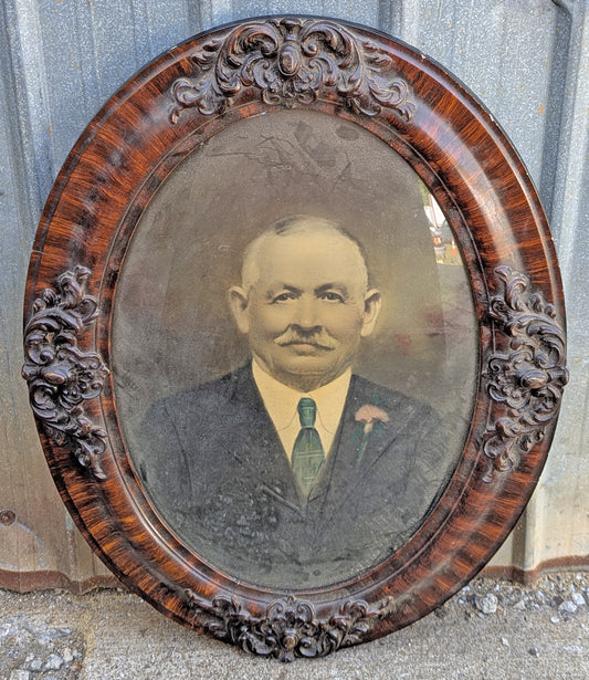 Antique Vintage Old Reclaimed Salvaged Victorian Wood Wooden Plaster Wall Distressed Portrait Picture Frame Curved Glass Ornate Decorative