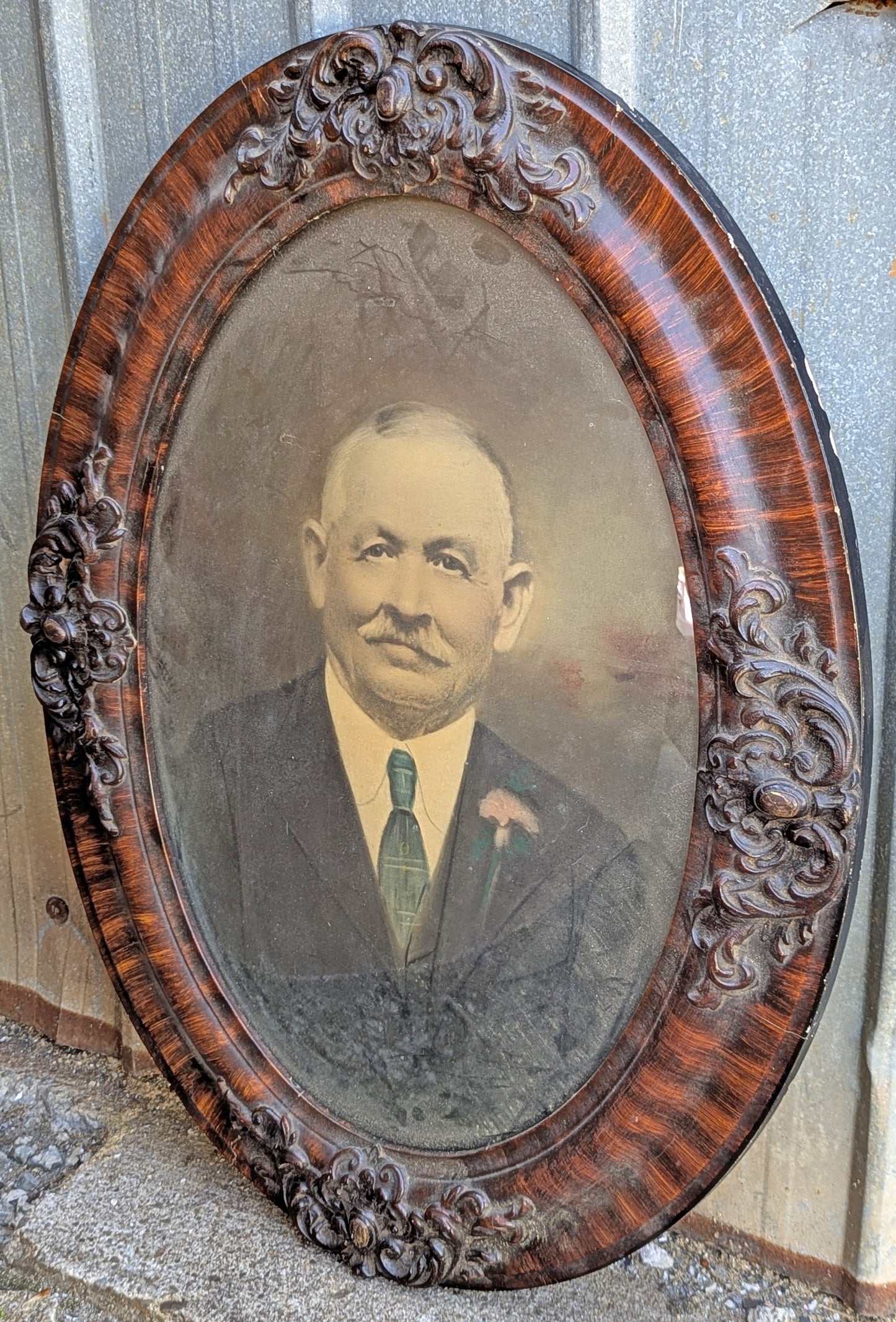 Antique Vintage Old Reclaimed Salvaged Victorian Wood Wooden Plaster Wall Distressed Portrait Picture Frame Curved Glass Ornate Decorative