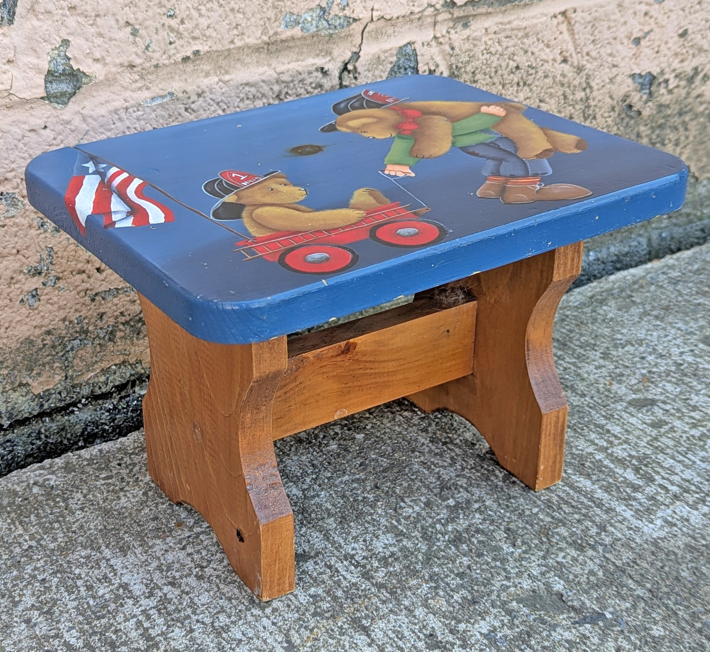 Small Vintage Handmade Handcrafted Solid Wood Wooden Kids Bedroom Foot Step Stool Plant Stand Side Accent Chair Seat Hand Painted Patriotic
