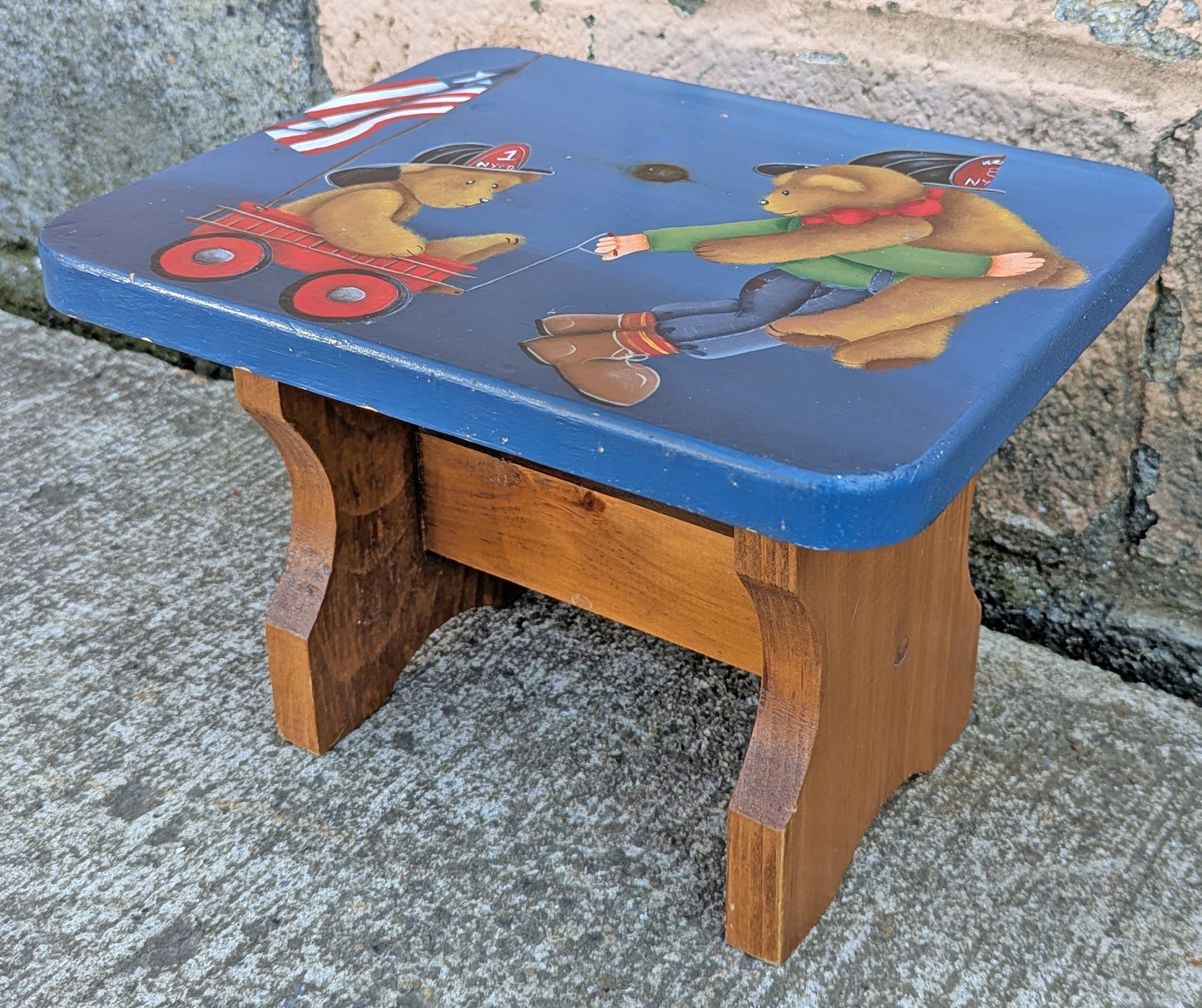 Small Vintage Handmade Handcrafted Solid Wood Wooden Kids Bedroom Foot Step Stool Plant Stand Side Accent Chair Seat Hand Painted Patriotic