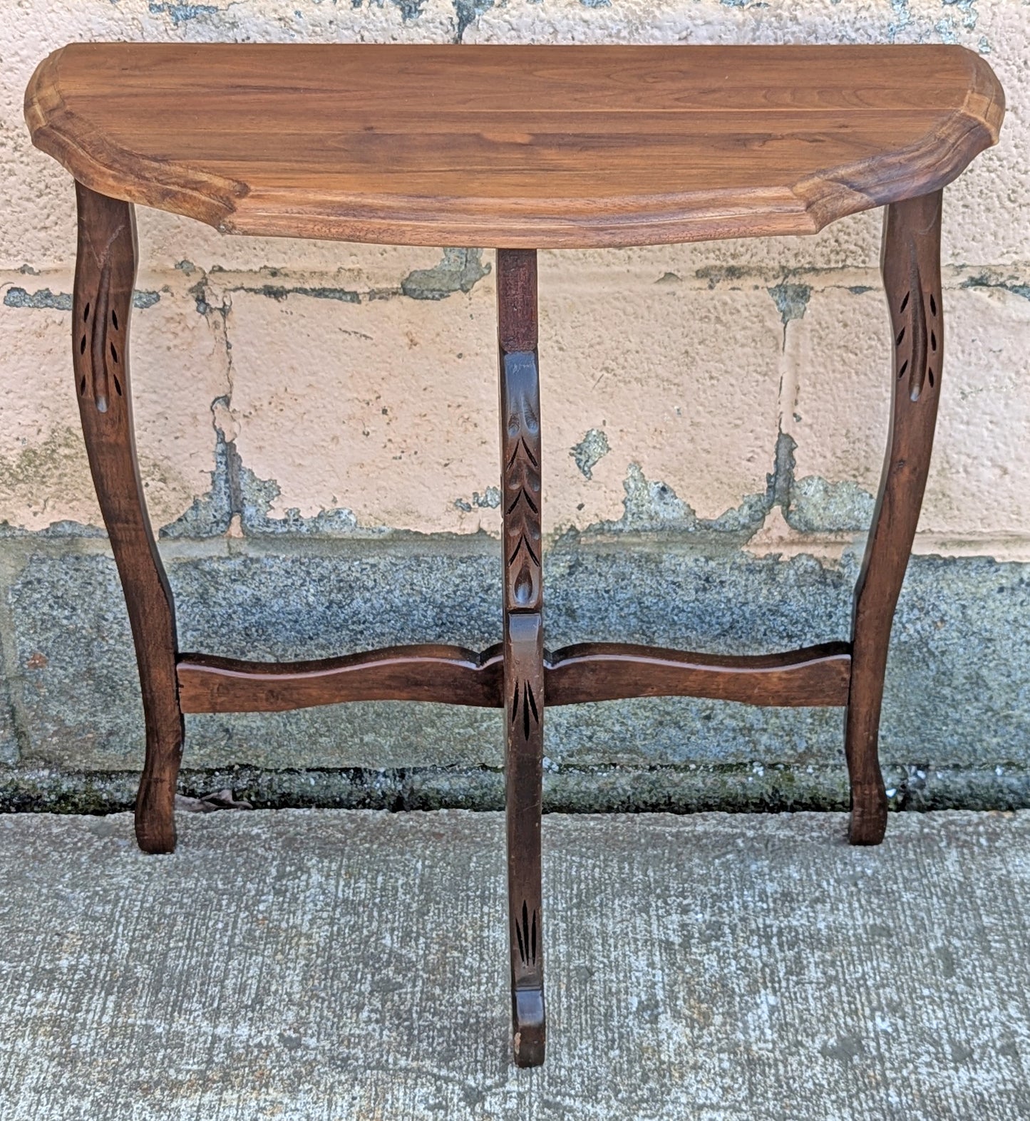 Vintage Antique Old Reclaimed Salvaged Solid Wood Wooden Console Half Round Semi Circle Lamp End Side Pedestal Table Plant Stand