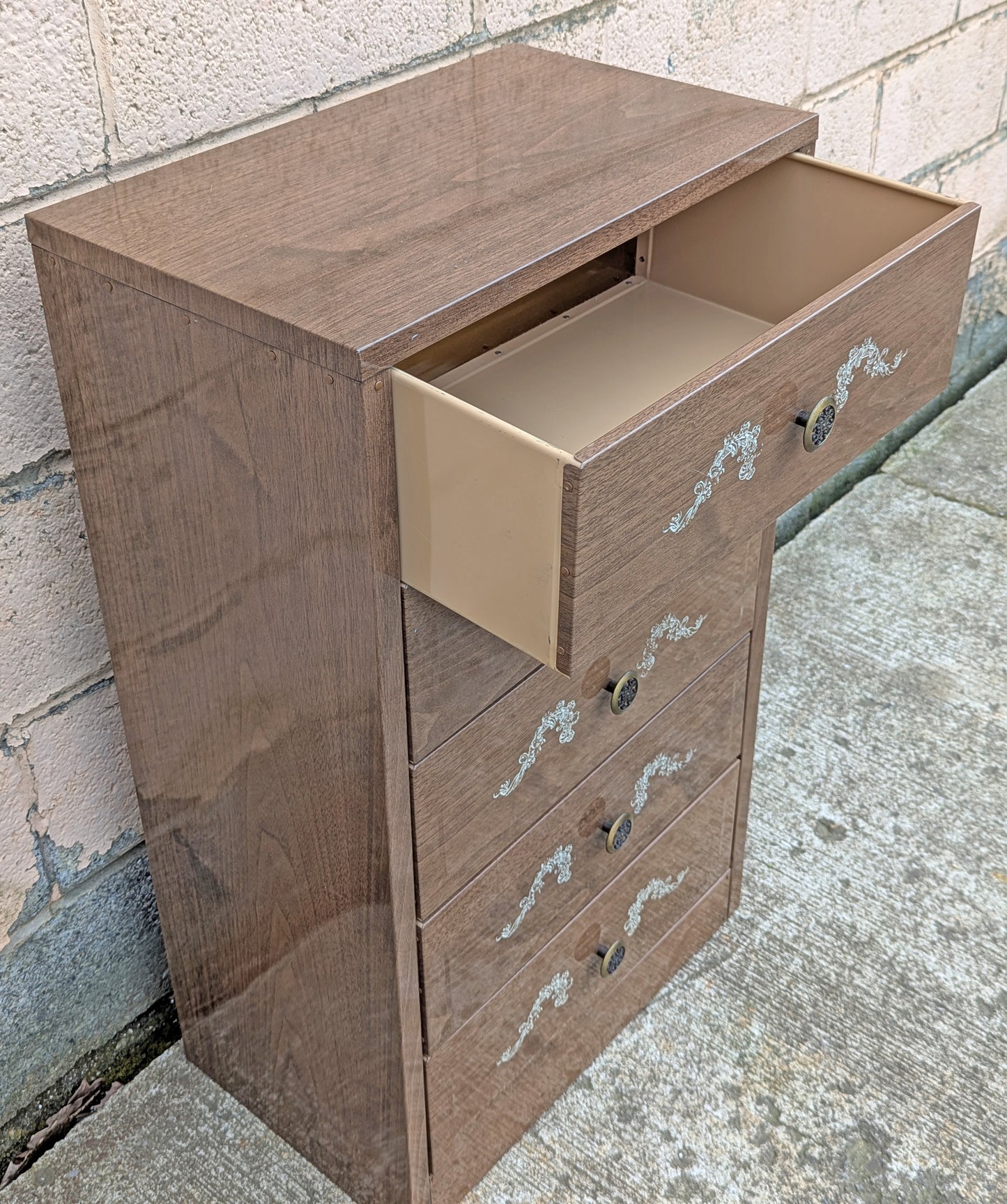 Vintage Antique Old Reclaimed Salvaged Mid Century Modern MCM Art Deco Steel Metal Bedroom Dresser Chest Highboy 5 Drawer